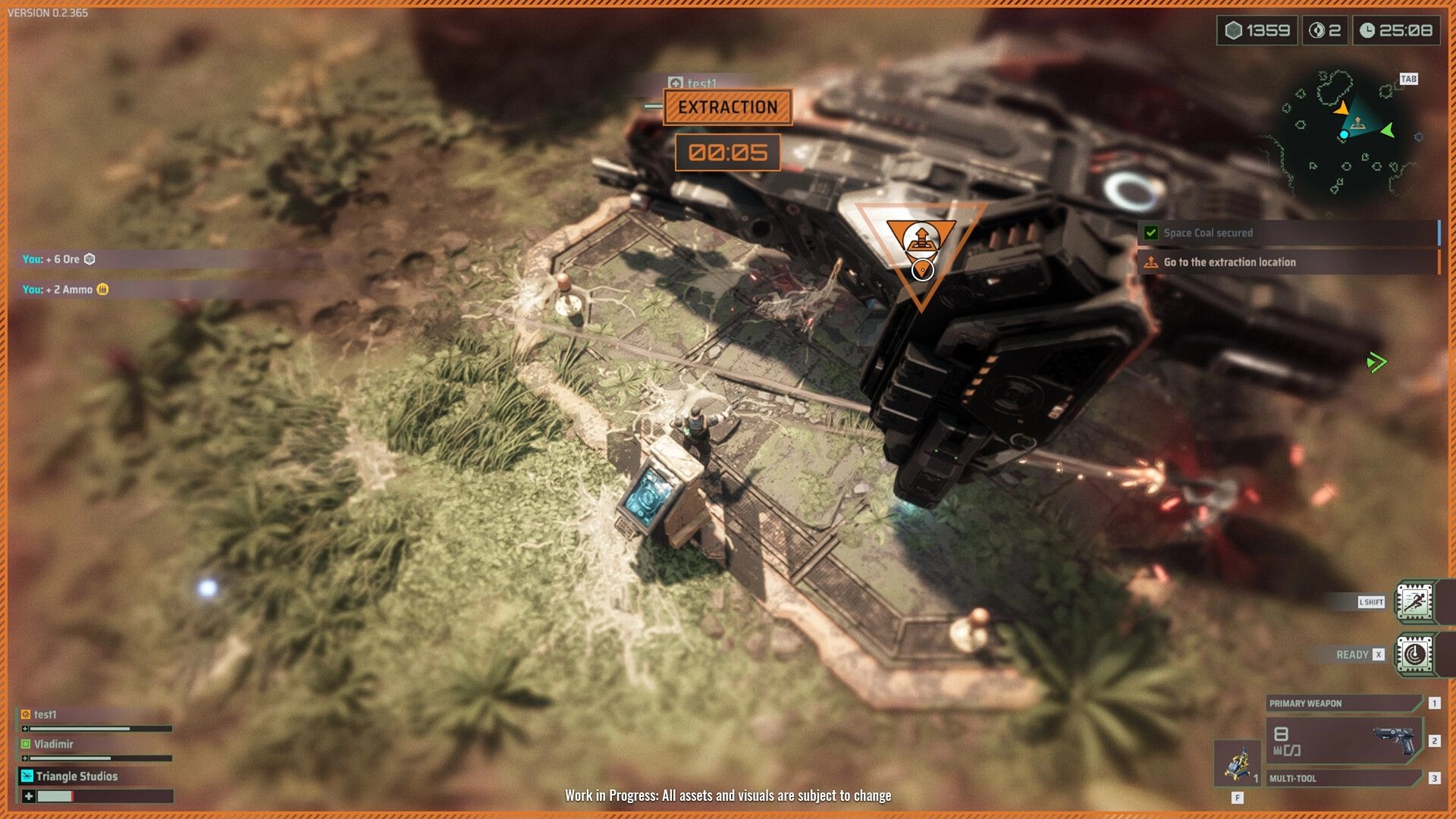 Rockhounds: Player at extraction point with countdown timer, ship overhead in lush terrain environment