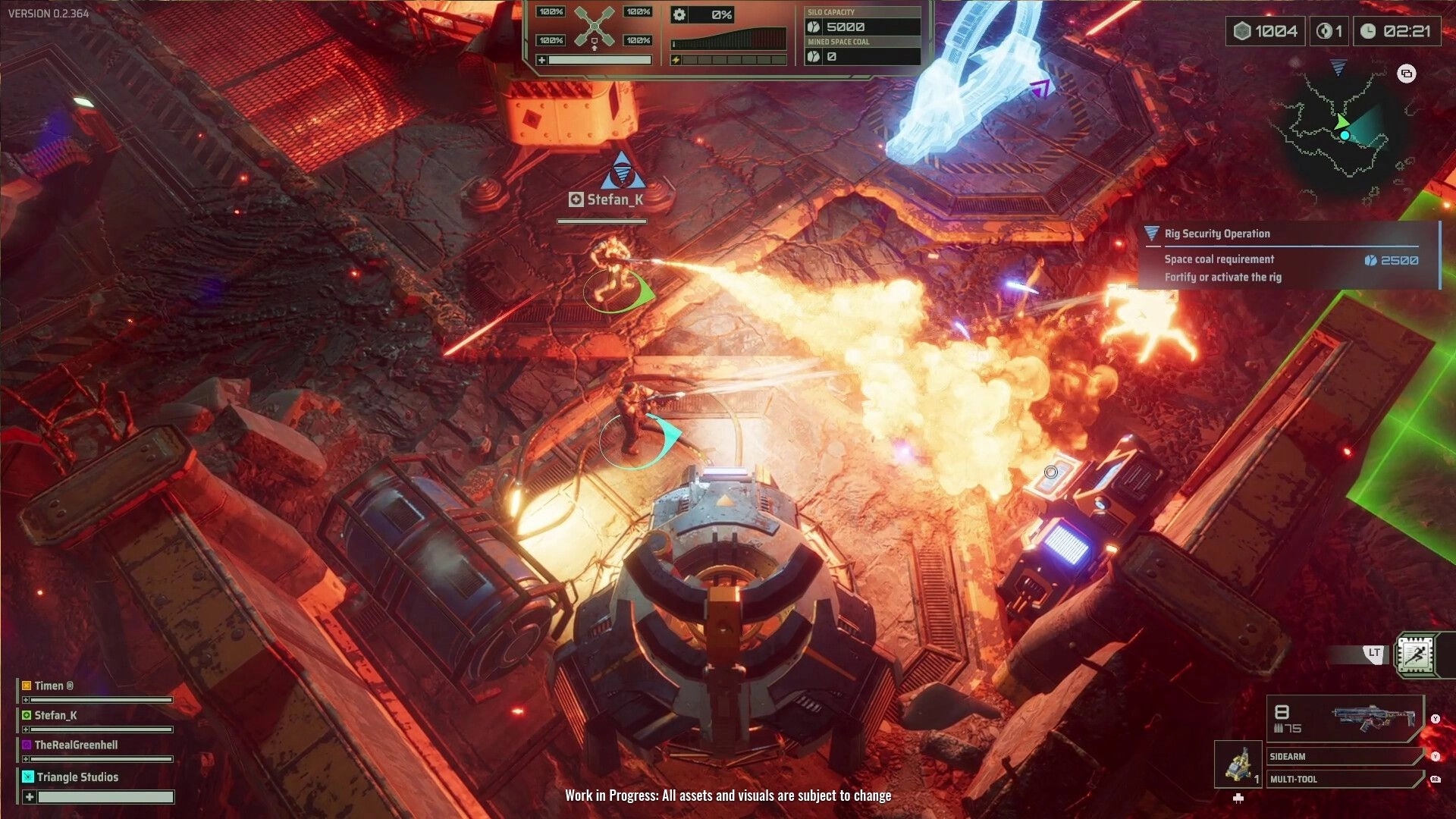 Rockhounds: Stefan_K defends against enemies with flames in an industrial sci-fi environment