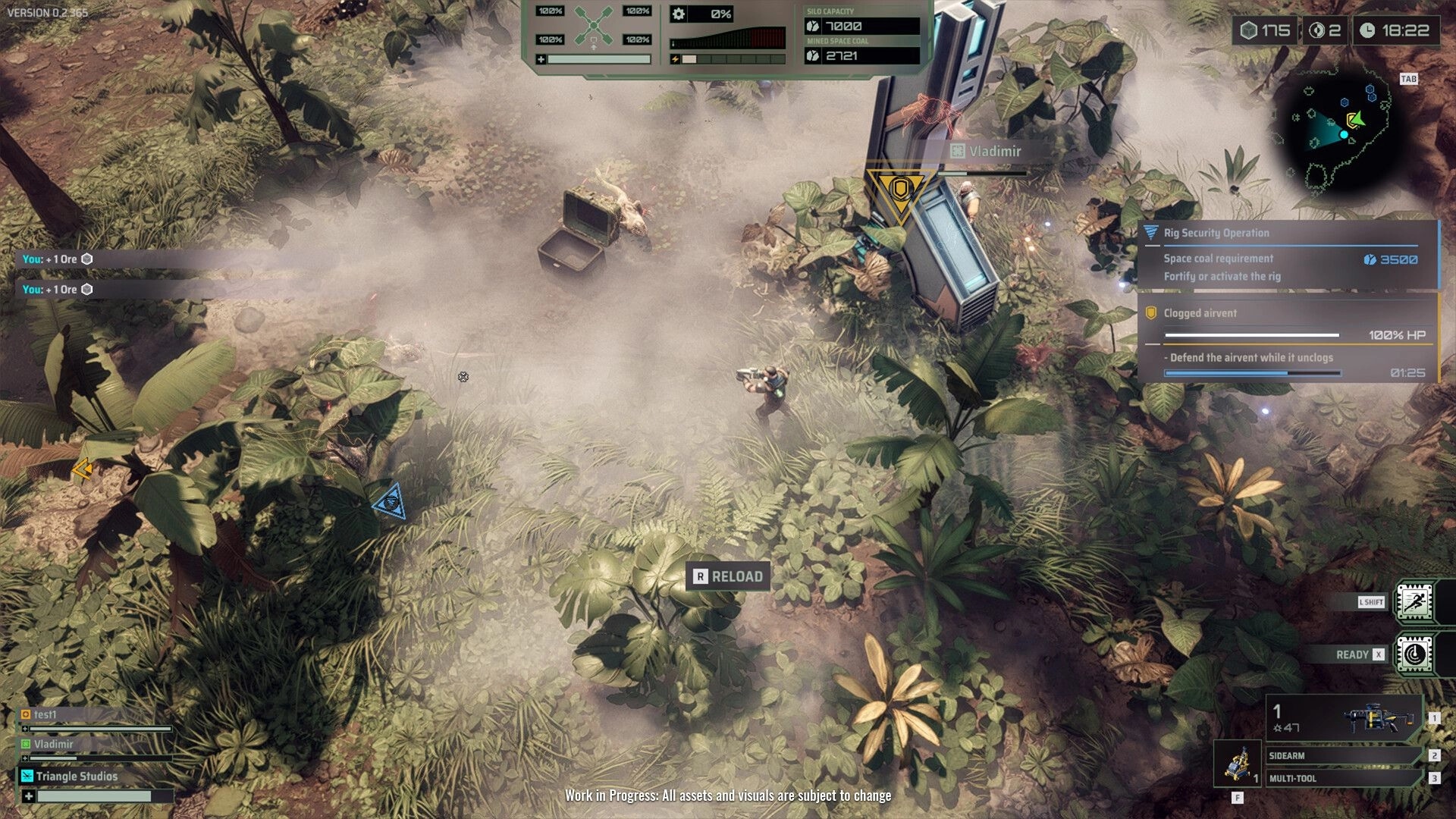 Rockhounds: Character Vladimir defends a rig in a lush jungle setting with mission objectives displayed.