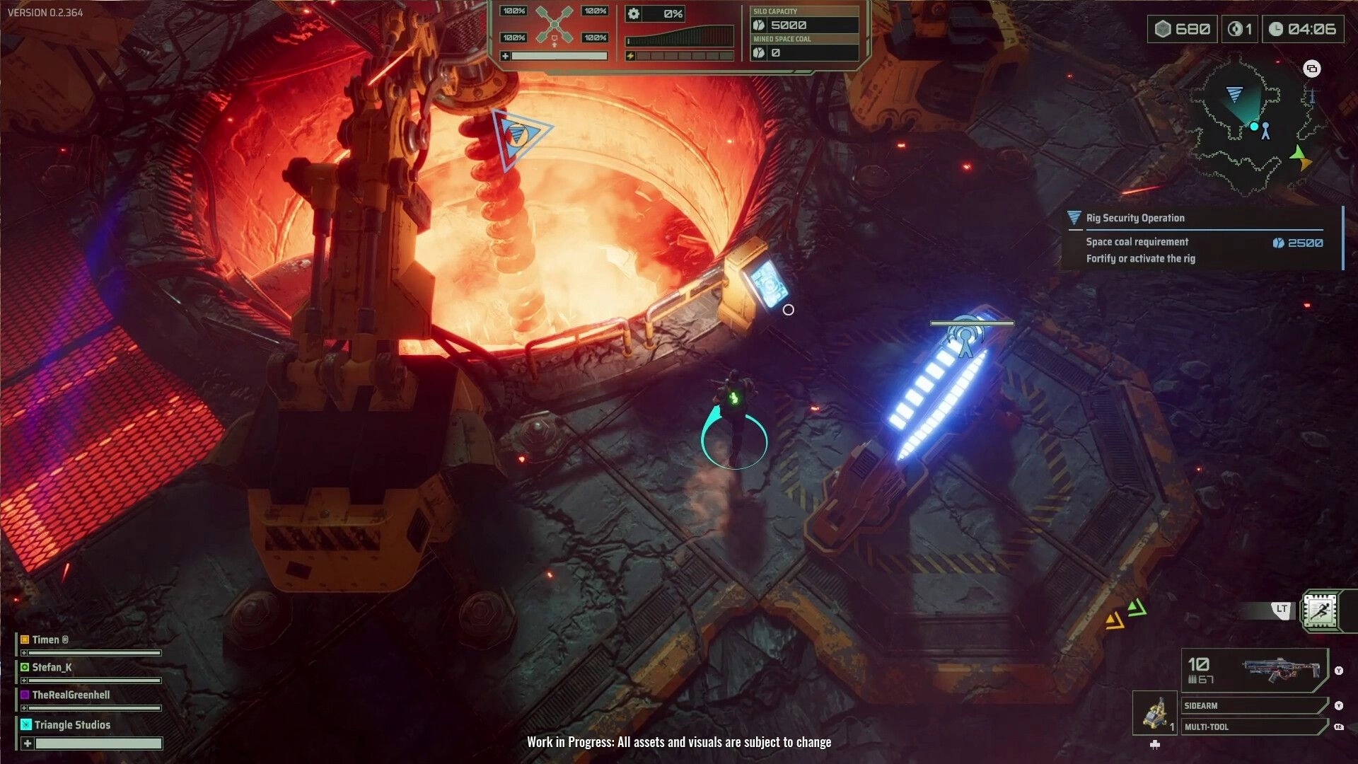 Rockhounds: Player approaches large drilling rig on an industrial platform with active HUD elements