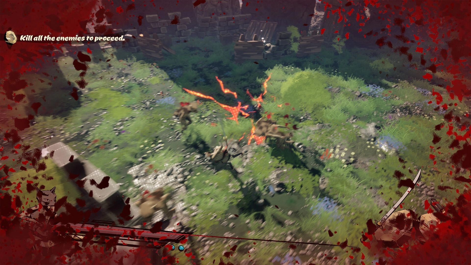 Rockoon: Combat scene with enemies and sword effects in a grassy ruin environment, UI shows objectives.