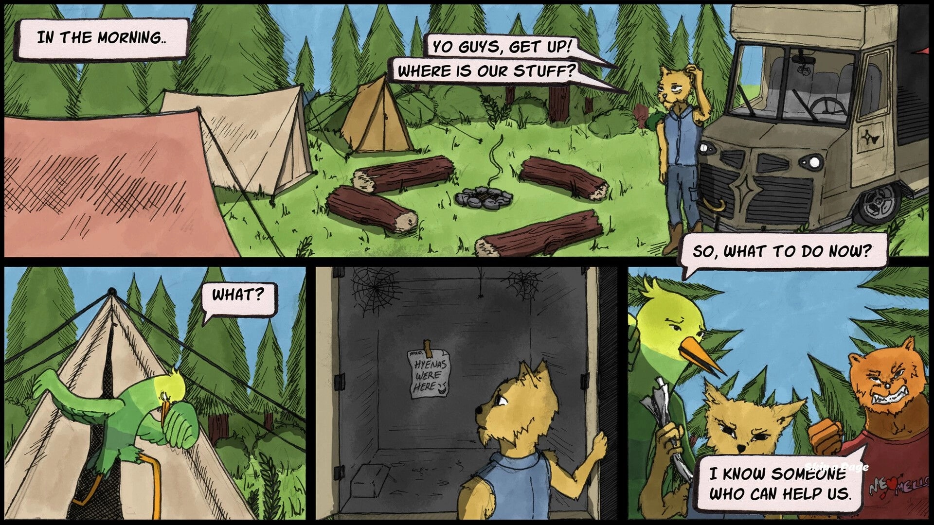 Rockoon: Morning campsite scene with characters confused about missing items and a note from hyenas