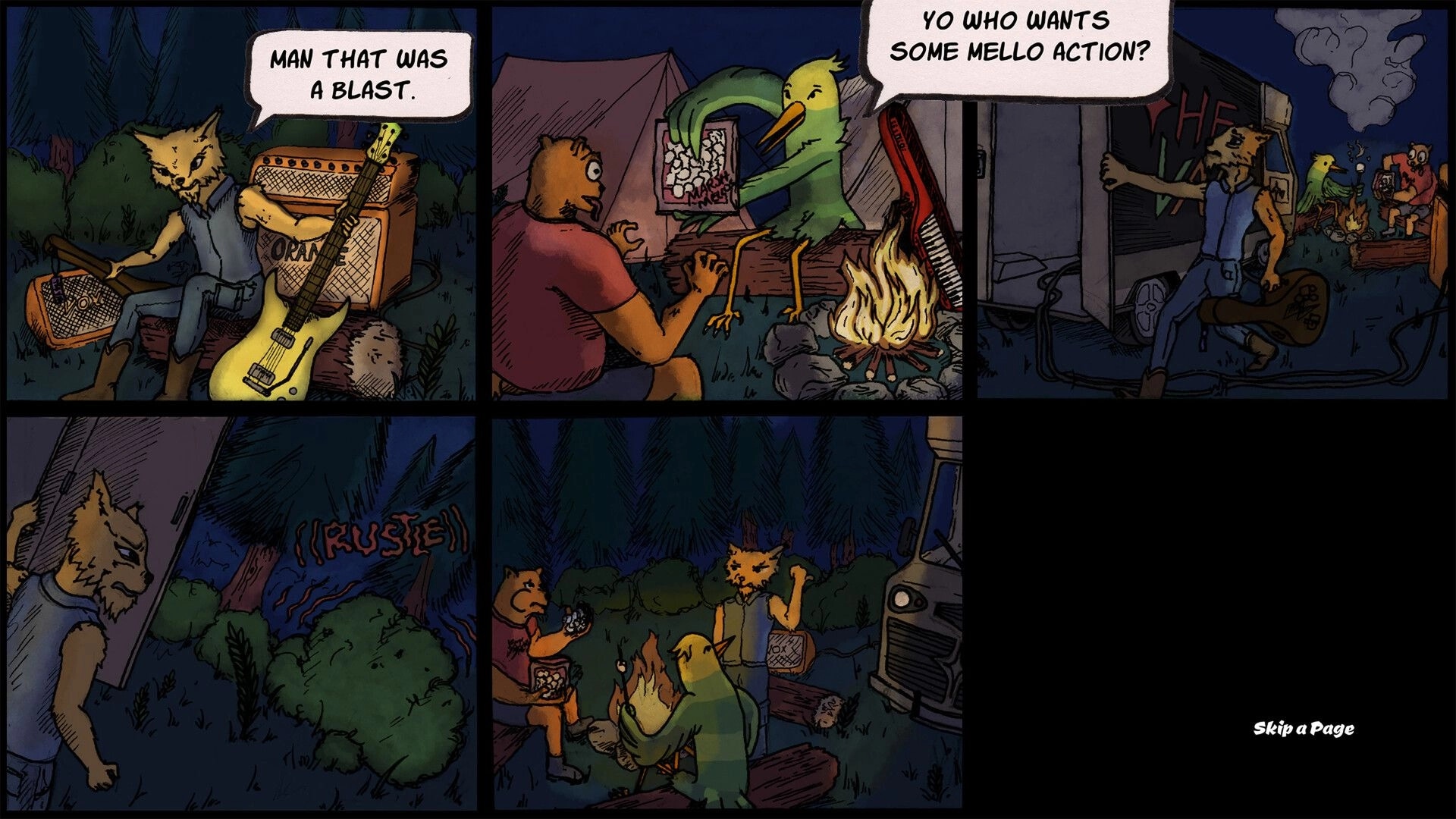Rockoon: Characters around campfire with guitar, comic panel style, night forest setting