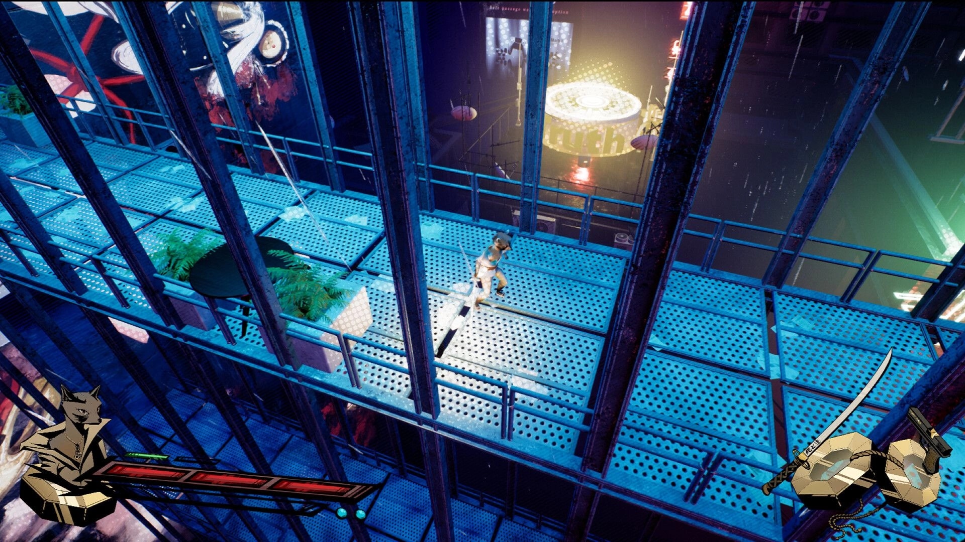 Rockoon: Character running with sword on a metal walkway, neon cityscape visible in the background