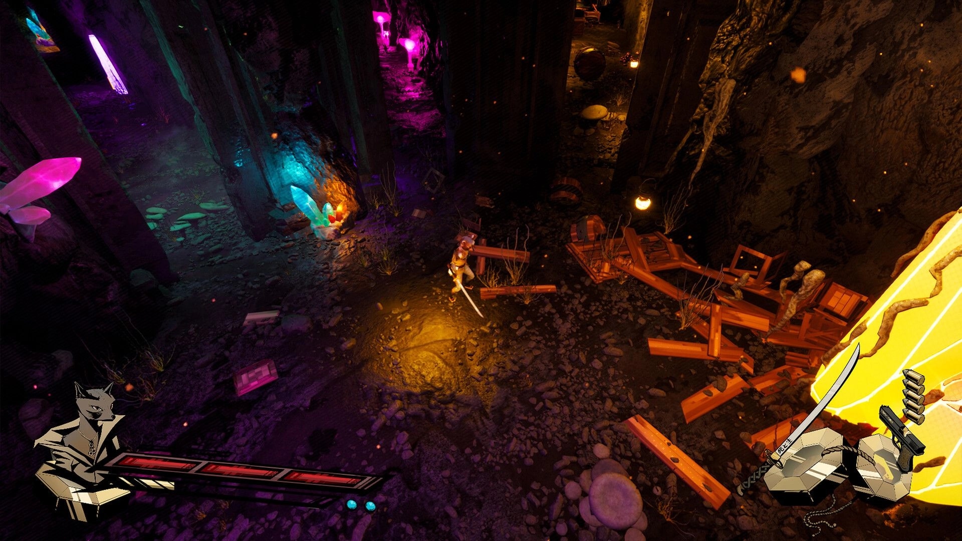 Rockoon: Hero with sword explores glowing crystal cave with scattered debris and vibrant colors