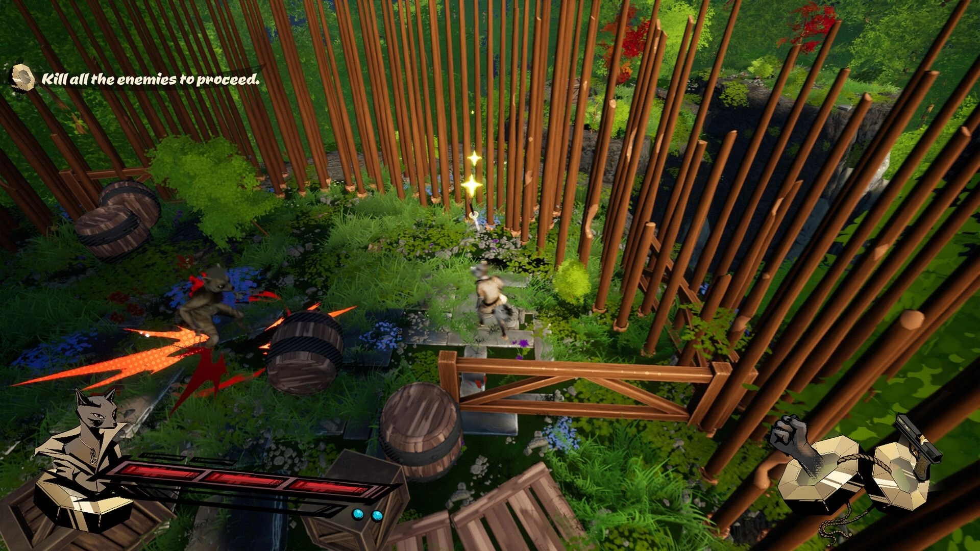 Rockoon: Combat with enemies in a lush forest, UI shows health and weapons, task to proceed appears