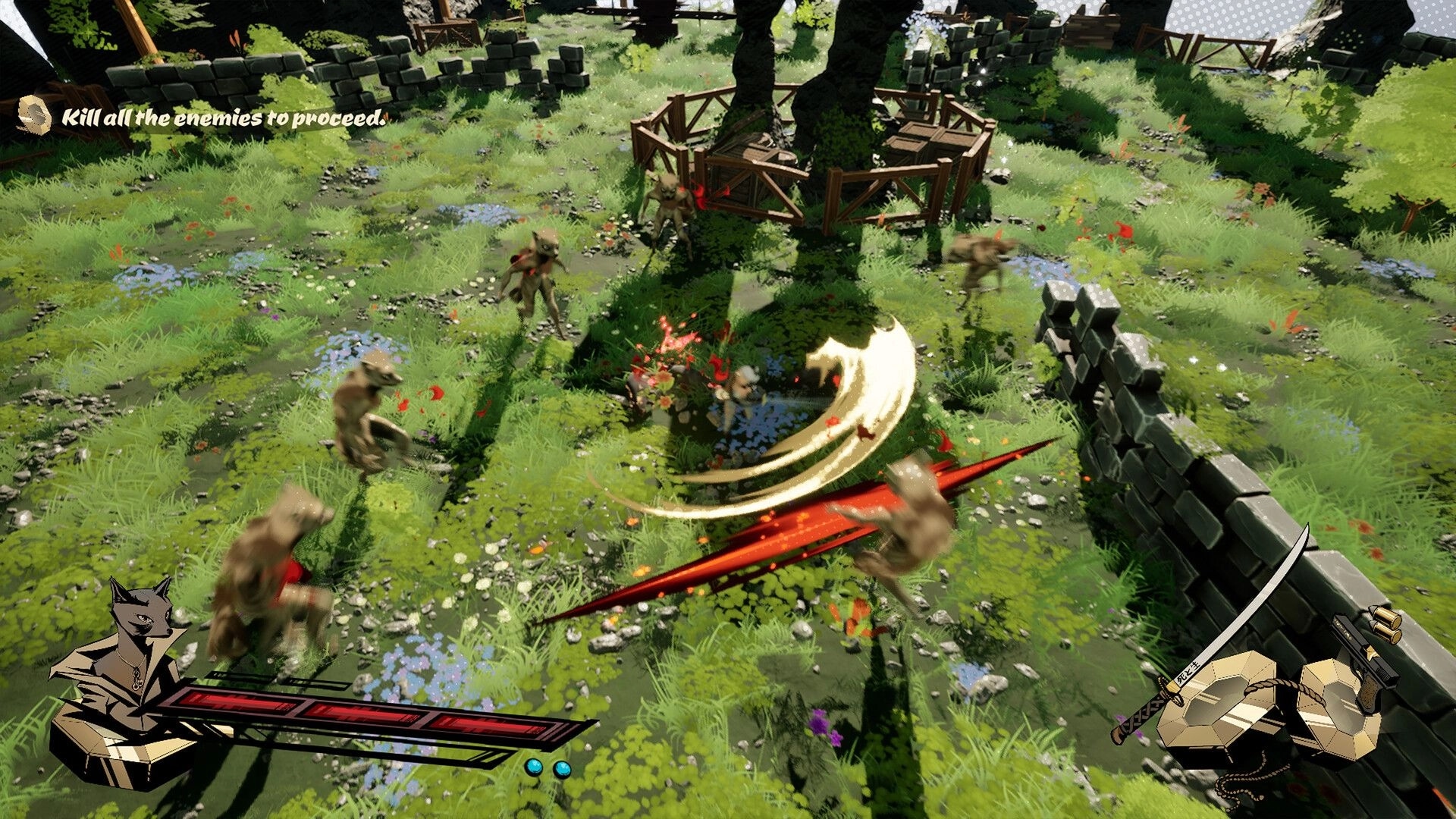 Rockoon: Intense sword combat with enemies in a lush, overgrown ruins setting with UI elements visible.