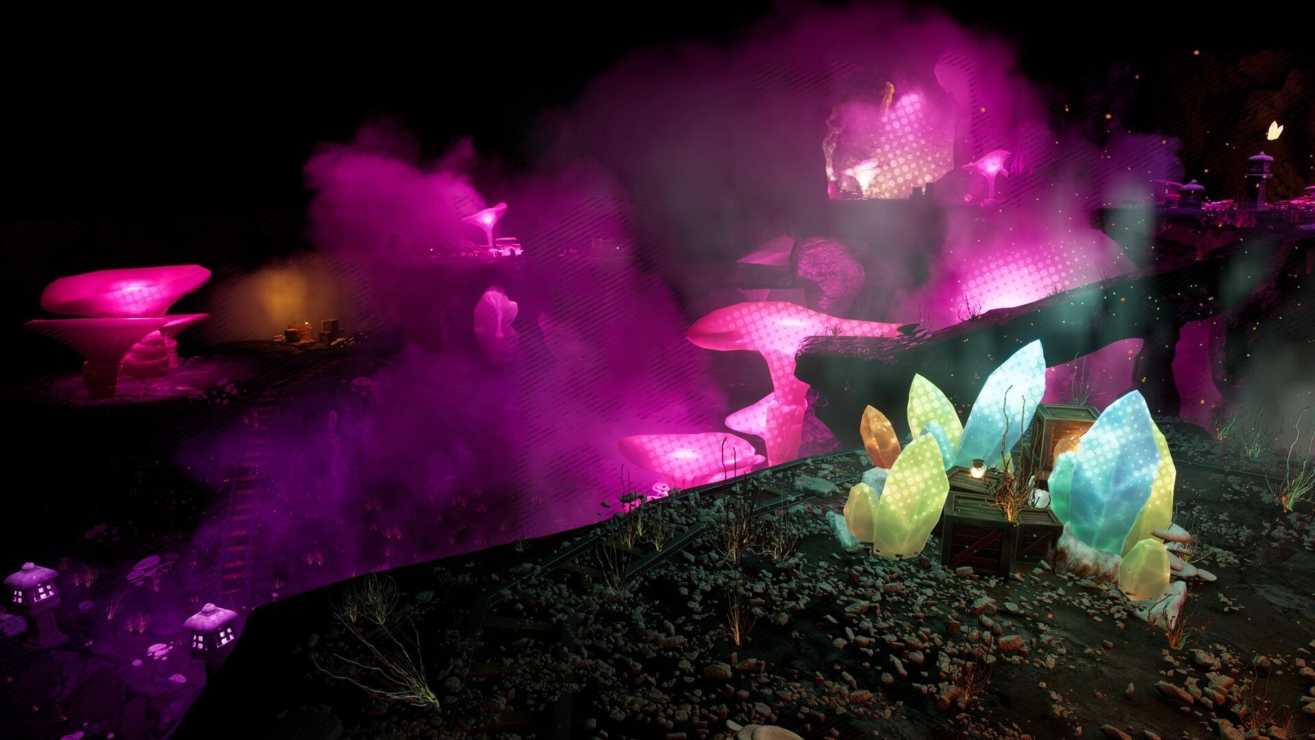 Rockoon: Glowing crystals amidst misty, vibrant pink landscape with large mushrooms and rocky terrain