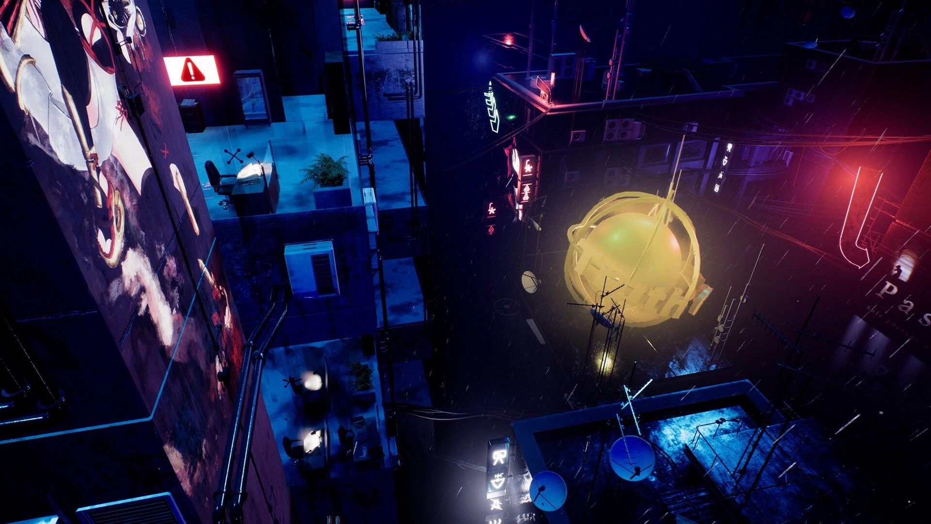 Rockoon: Neon-lit cityscape with large mural, warning sign, and futuristic glowing orb in the rain