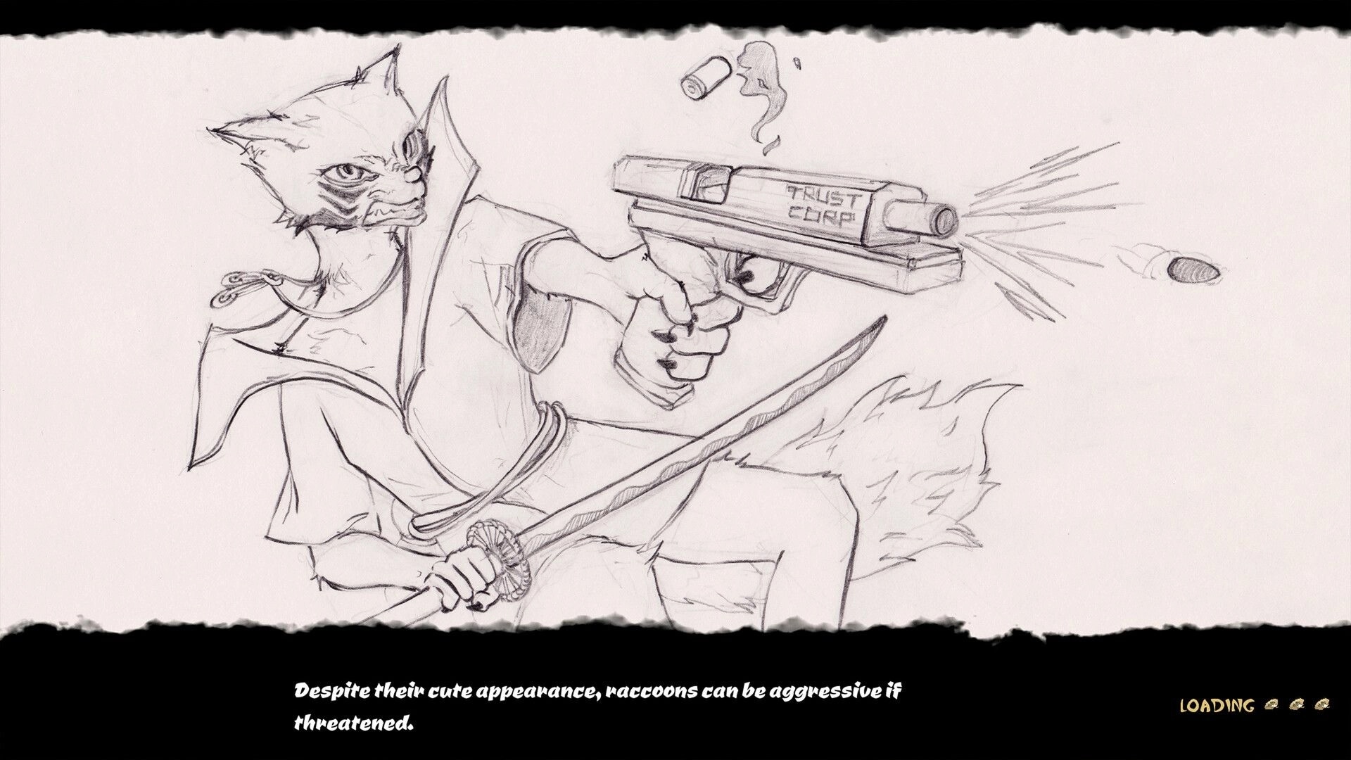 Rockoon: Sketch of raccoon character wielding a sword and firing a pistol, loading screen at bottom