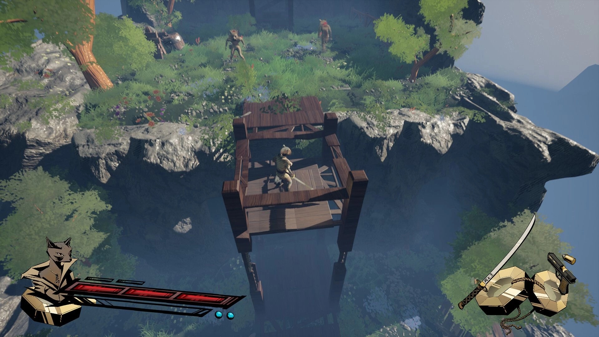 Rockoon: Sword-wielding character on wooden tower in lush cliffside environment with HUD elements visible.