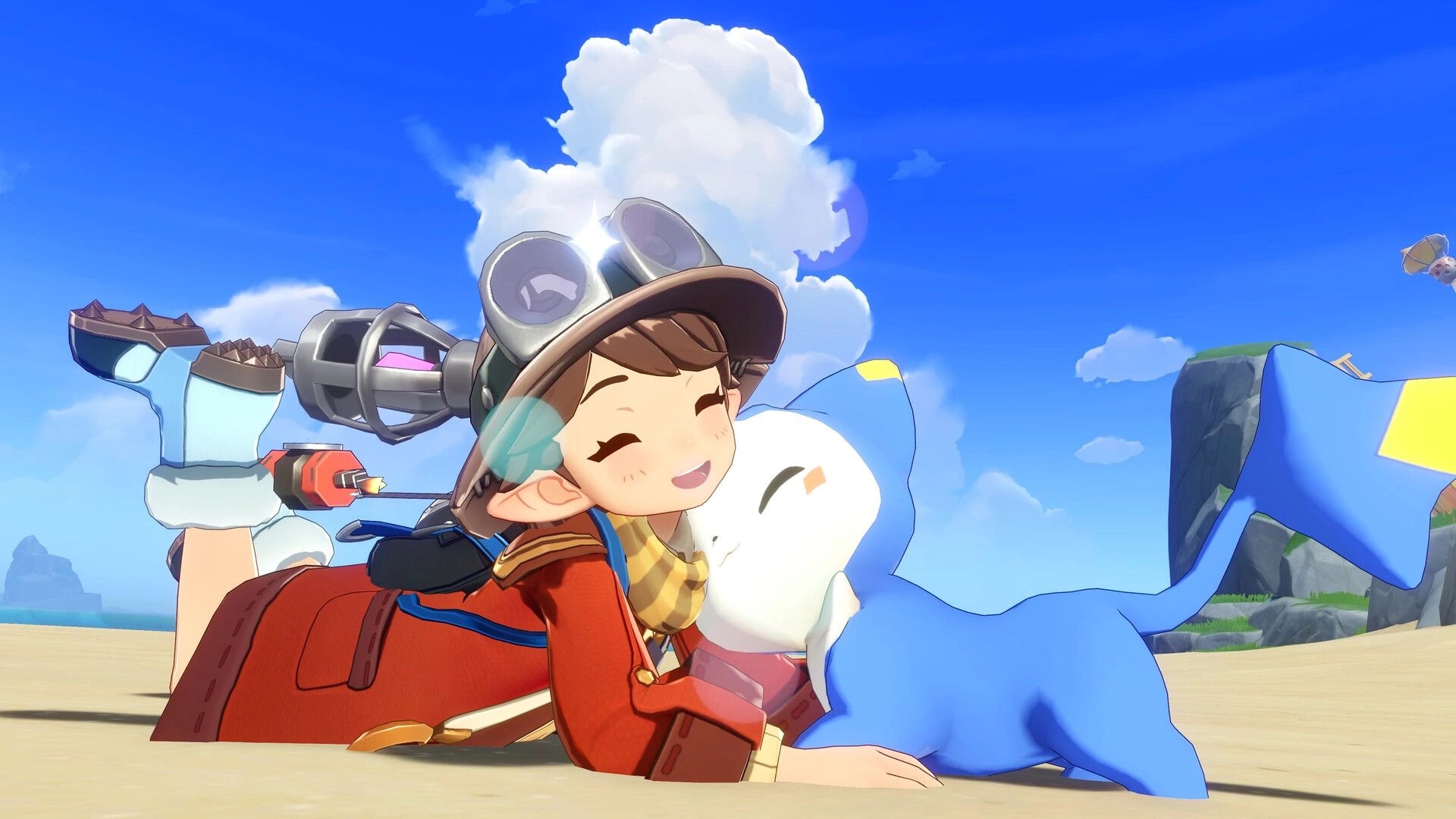Roco Kingdom: Smiling explorer hugs blue creature on sandy beach with cliffs and bright sky above.