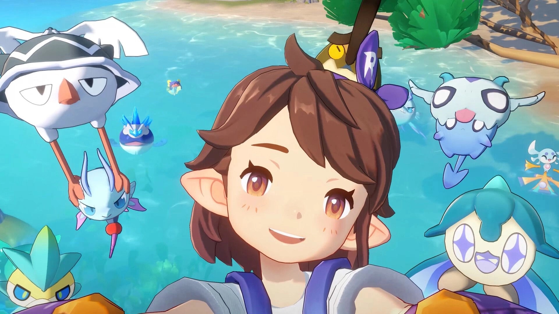 Roco Kingdom: Smiling player selfie with several Jinies hovering above a clear river near a sandy shore.