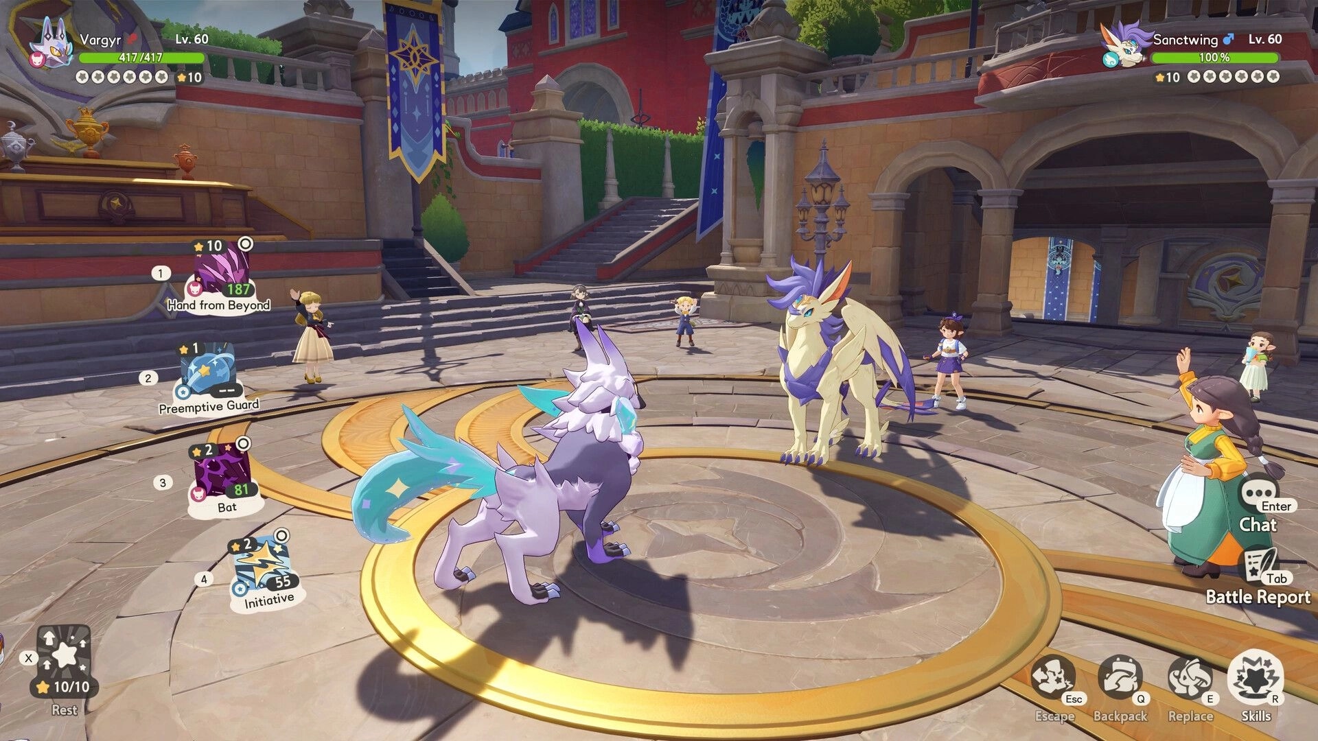 Roco Kingdom: Turn-based battle with Vargyr vs Sanctwing in a castle courtyard, skill cards UI visible.