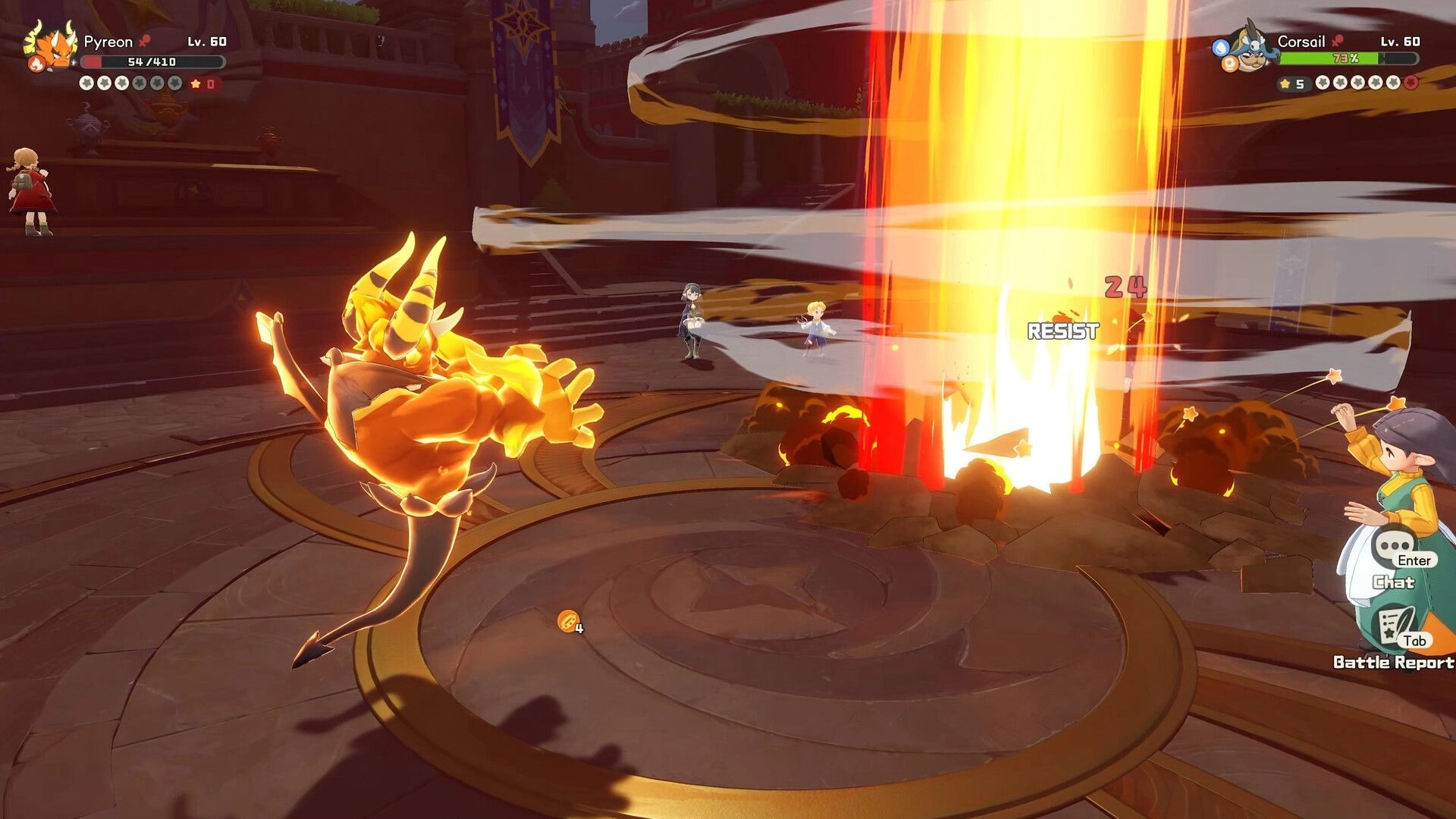 Roco Kingdom: Pyreon attacks Corsail in turn-based battle arena as damage and resist text pop up.
