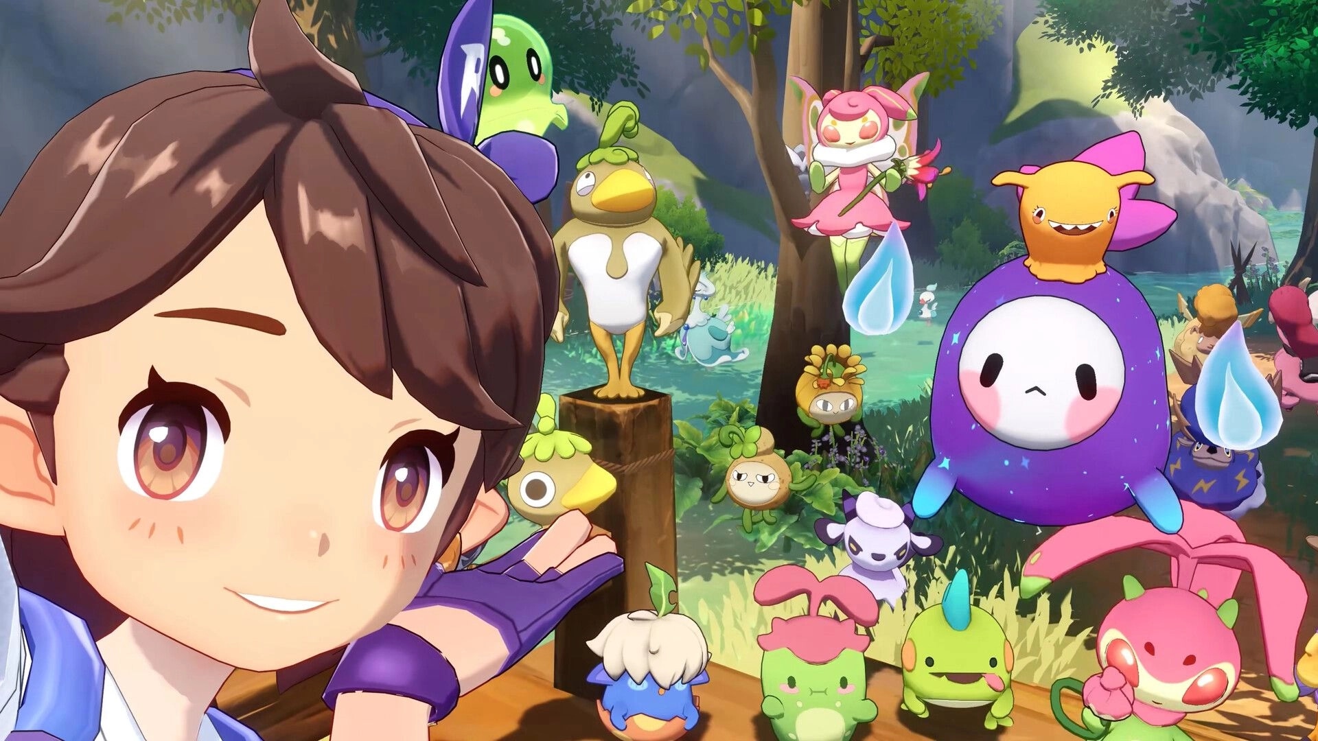 Roco Kingdom: Player selfie with a crowd of colorful Jinies in a bright forest clearing by rocks and water.