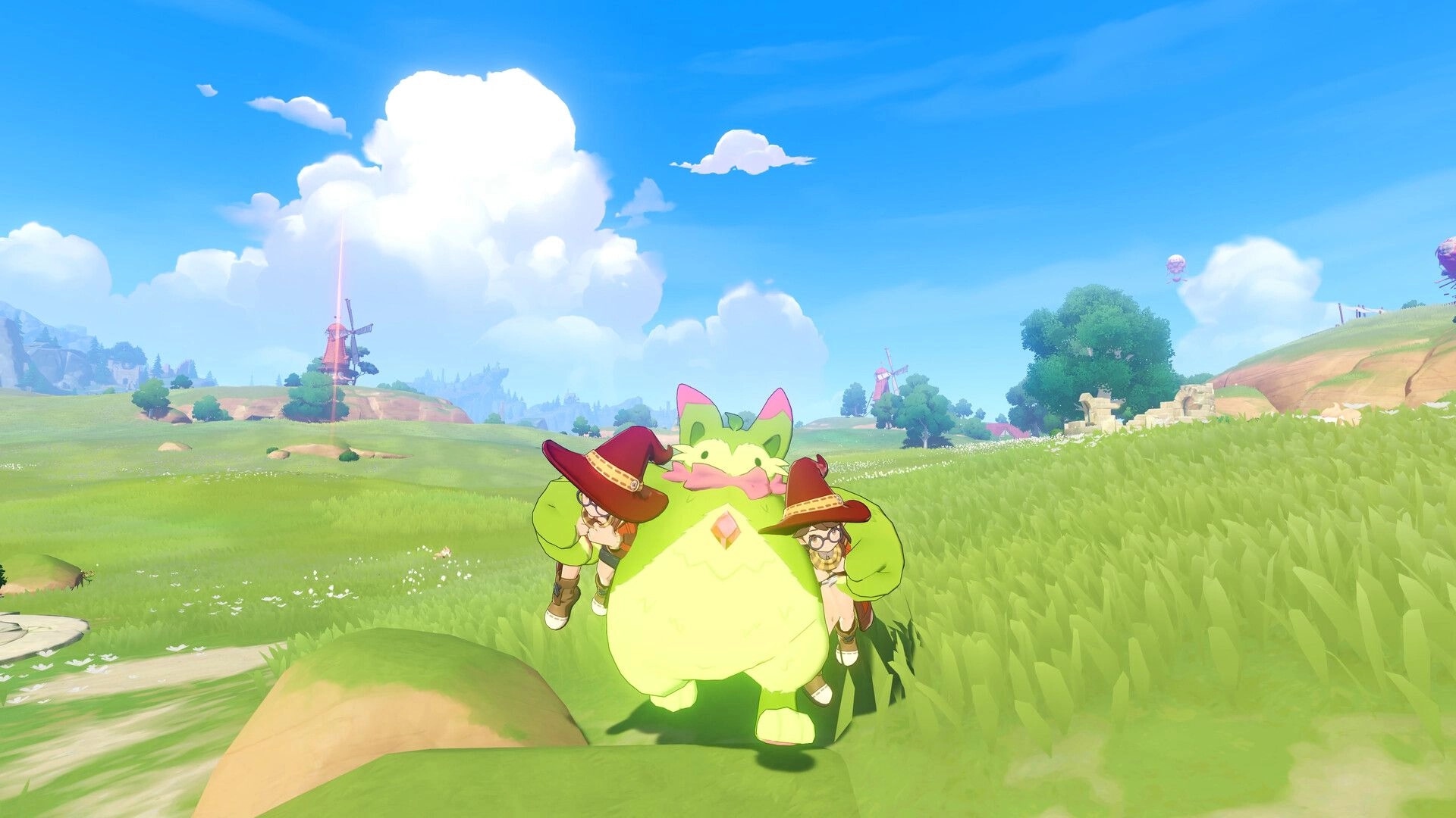 Roco Kingdom: Two witch-hatted players ride a green cat-like mount across sunny grassy hills with windmills.