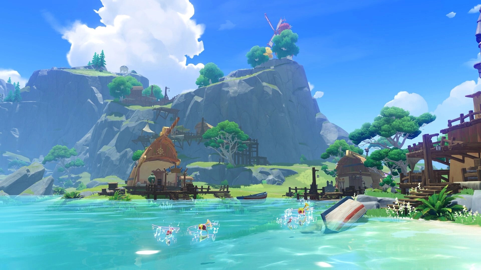 Roco Kingdom: Small Jinies splash in a clear lagoon beside a cliffside village and windmill under blue sky.