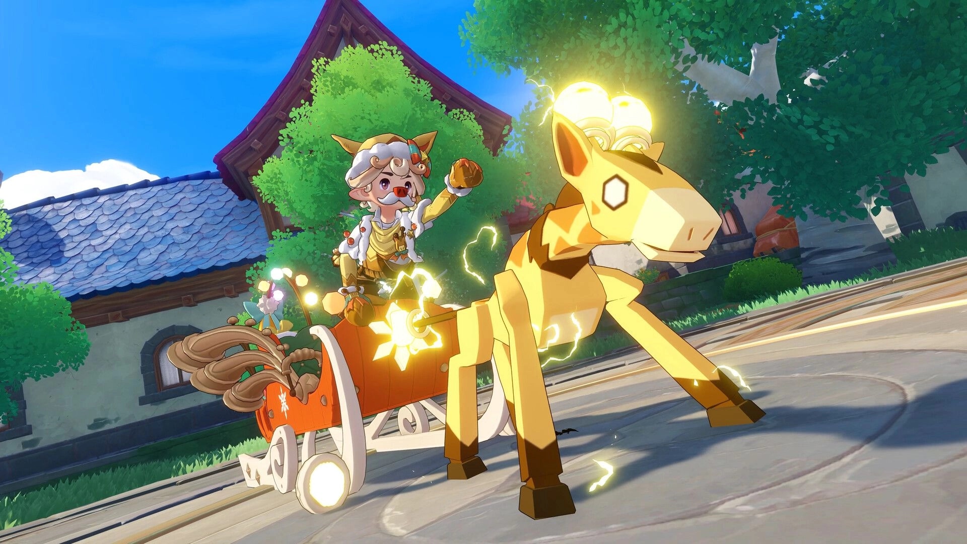 Roco Kingdom: Hero rides a glowing electric deer pulling a cart through a sunny village street.