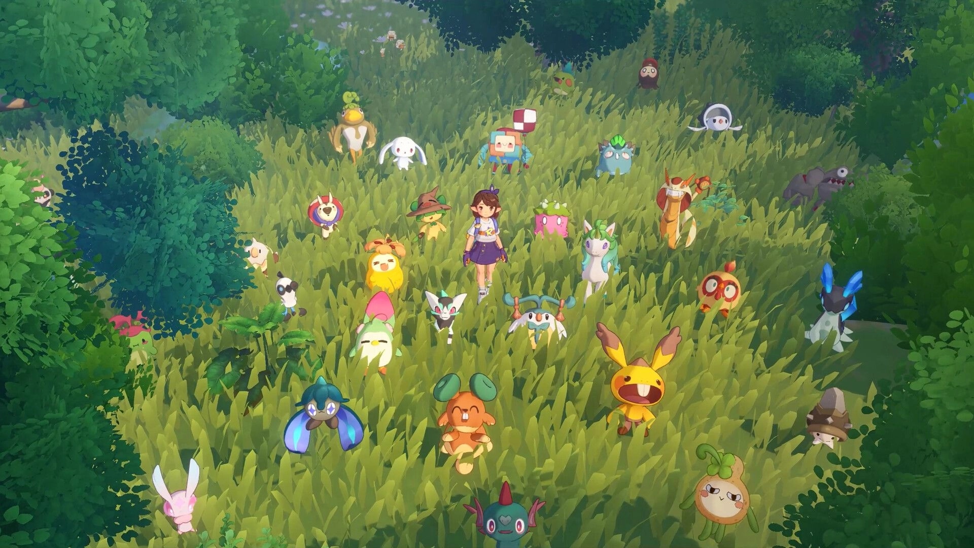 Roco Kingdom: Player character stands among many colorful creatures in a sunlit grassy forest clearing.