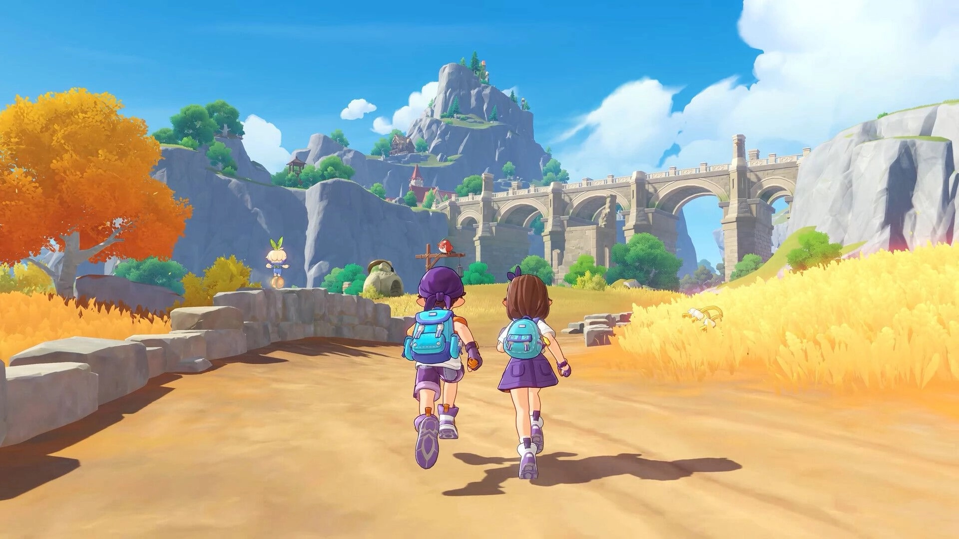 Roco Kingdom: Two backpacked kids run along a dirt path toward a stone bridge and mountain village.