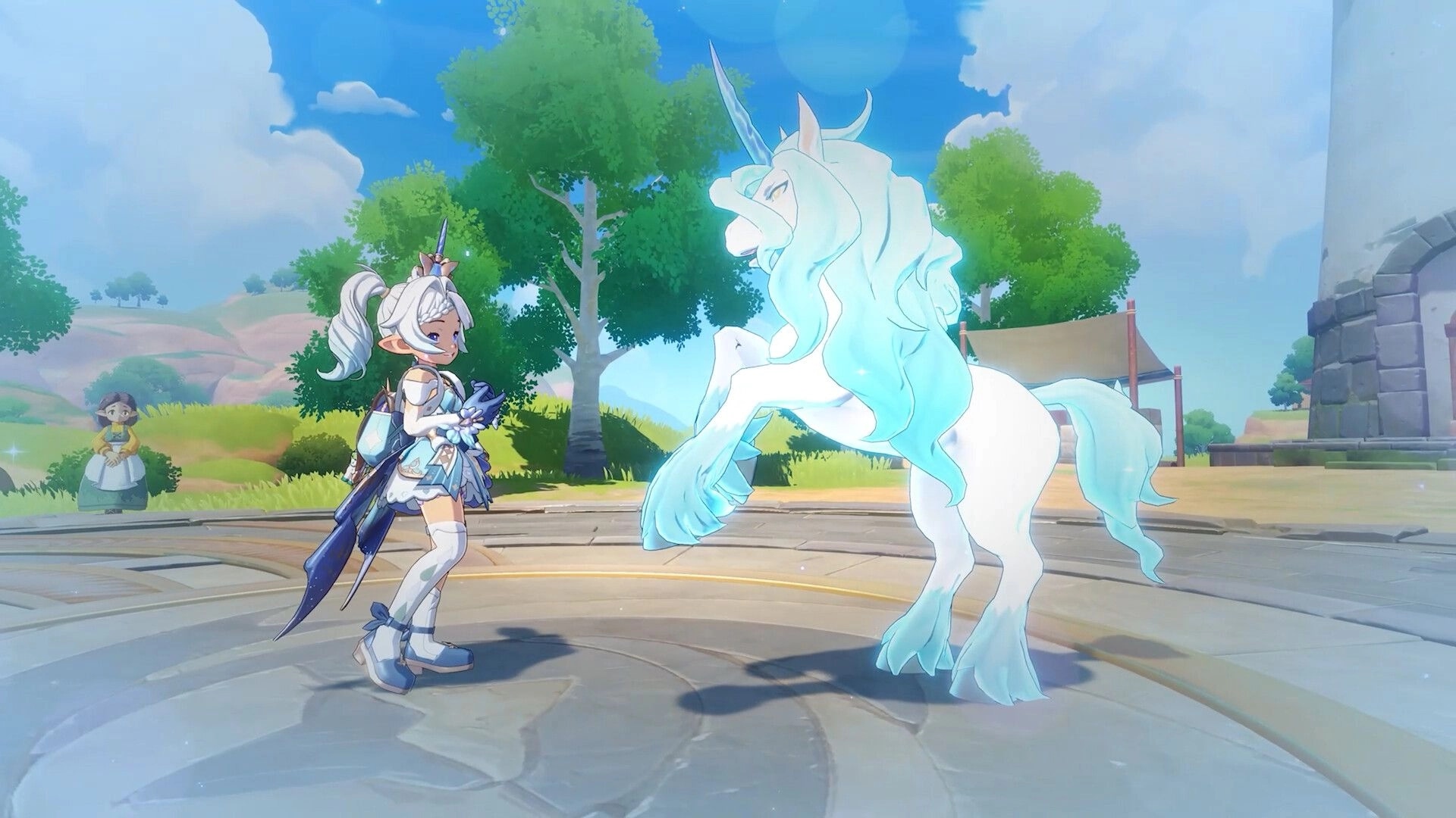 Roco Kingdom: White-haired adventurer faces a glowing unicorn mount on a sunny village plaza outdoors.
