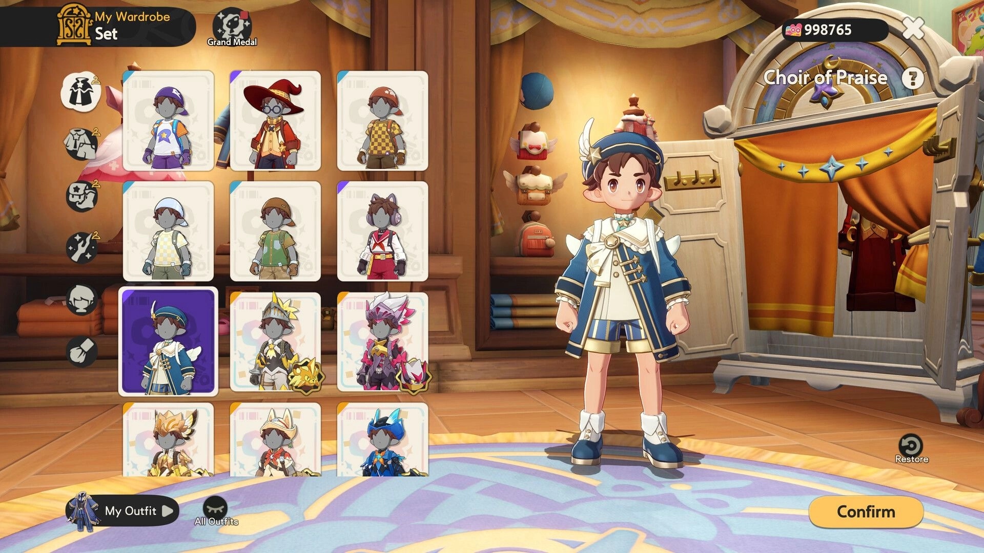 Roco Kingdom: Wardrobe outfit selection menu with character preview in a cozy dressing room shop UI.