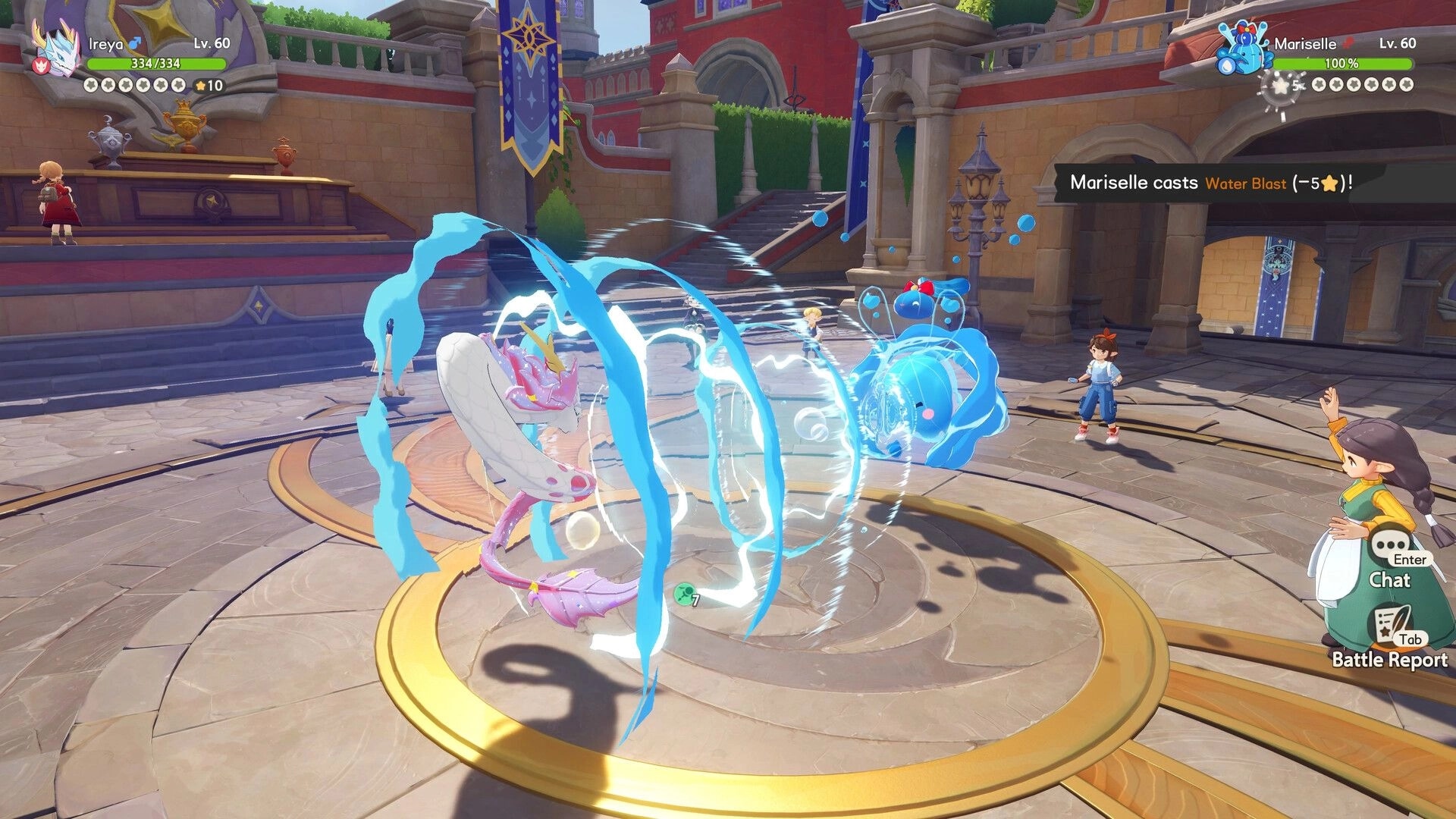 Roco Kingdom: Turn-based battle as Mariselle casts Water Blast in a castle courtyard arena with UI bars.