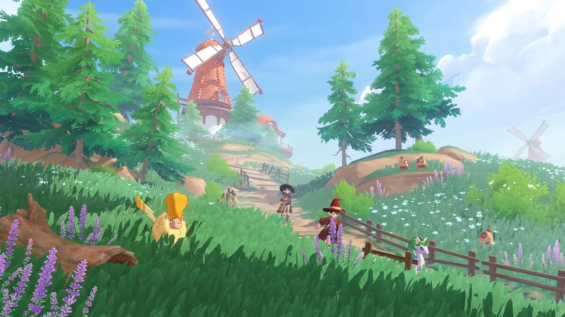 Roco Kingdom: Two adventurers meet wild Jinies on a flowered hillside path by a windmill forest.