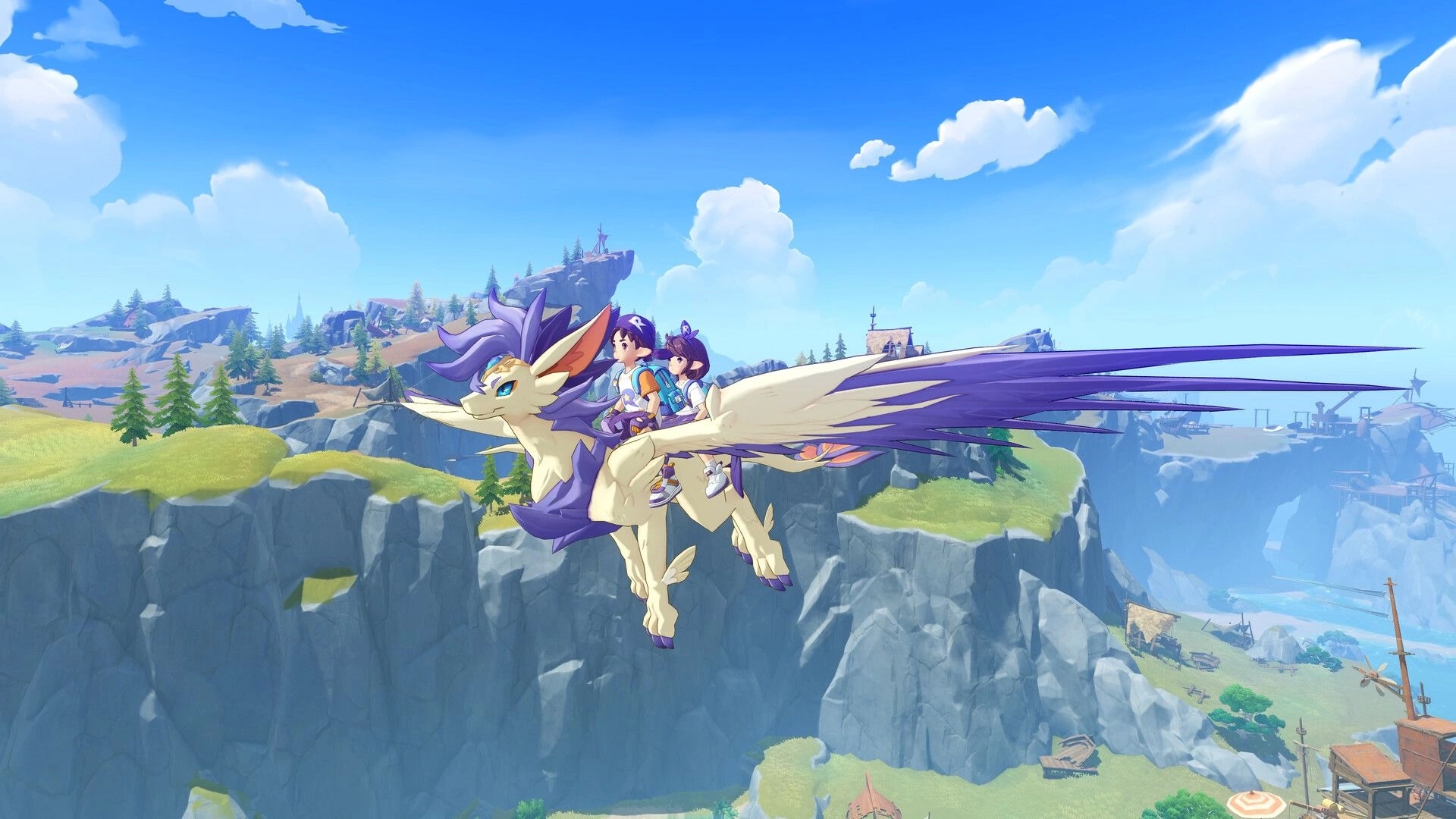 Roco Kingdom: Two players ride a winged jinie gliding over cliffs and a coastal village under blue skies.