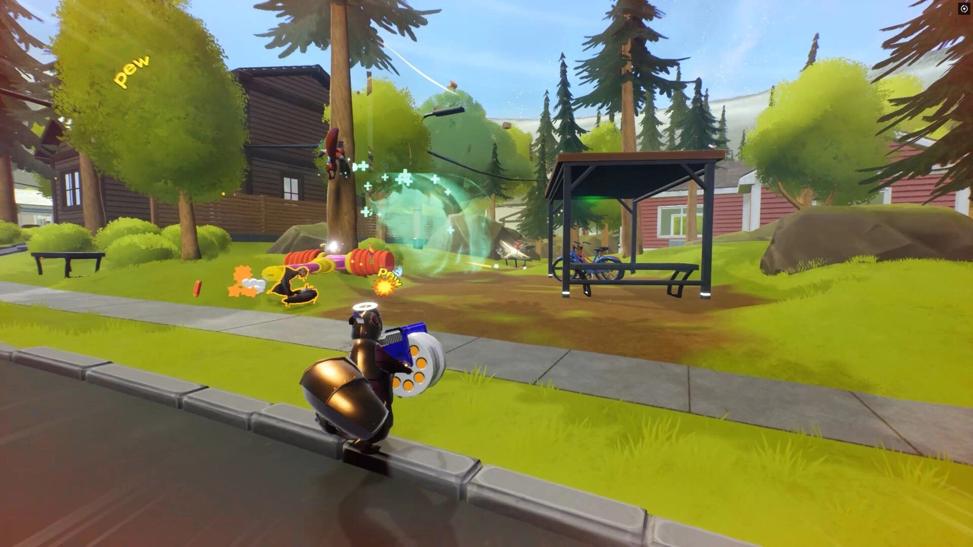 Rodent Rumble: Armored rodent fires at foes near a glowing shield bubble in a suburban park area.