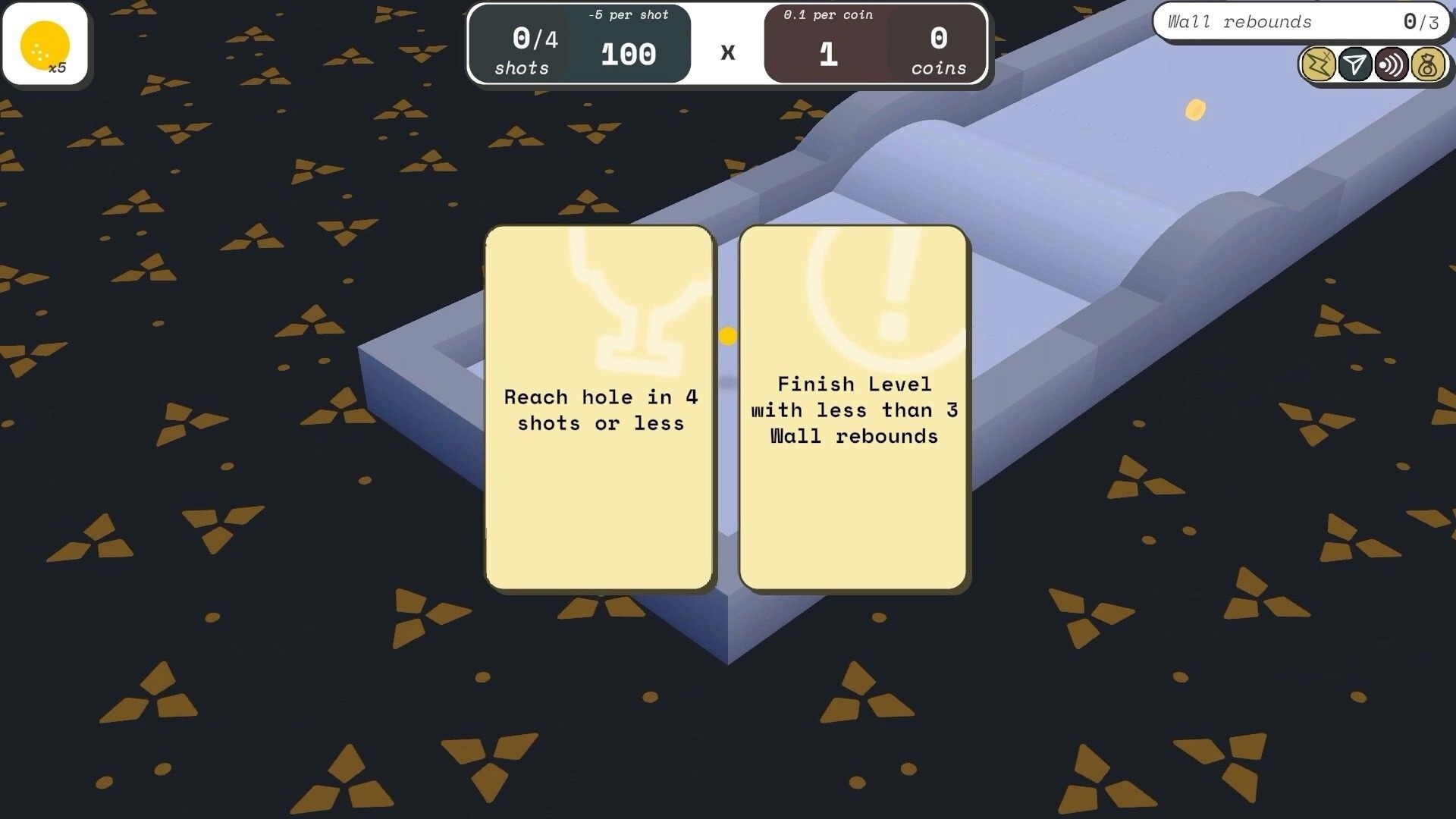ROGOLF: Two challenge cards displayed next to a mini-golf course with UI showing shots and coins