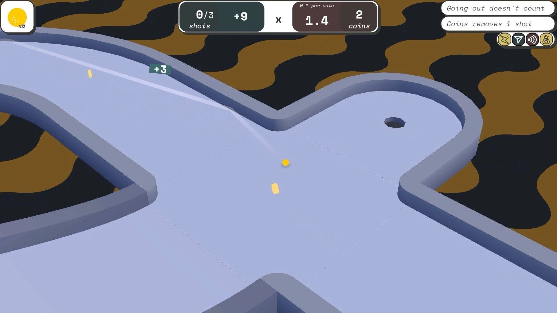 ROGOLF: Mini-golf gameplay with coin collection on a wavy blue course, score and rules displayed
