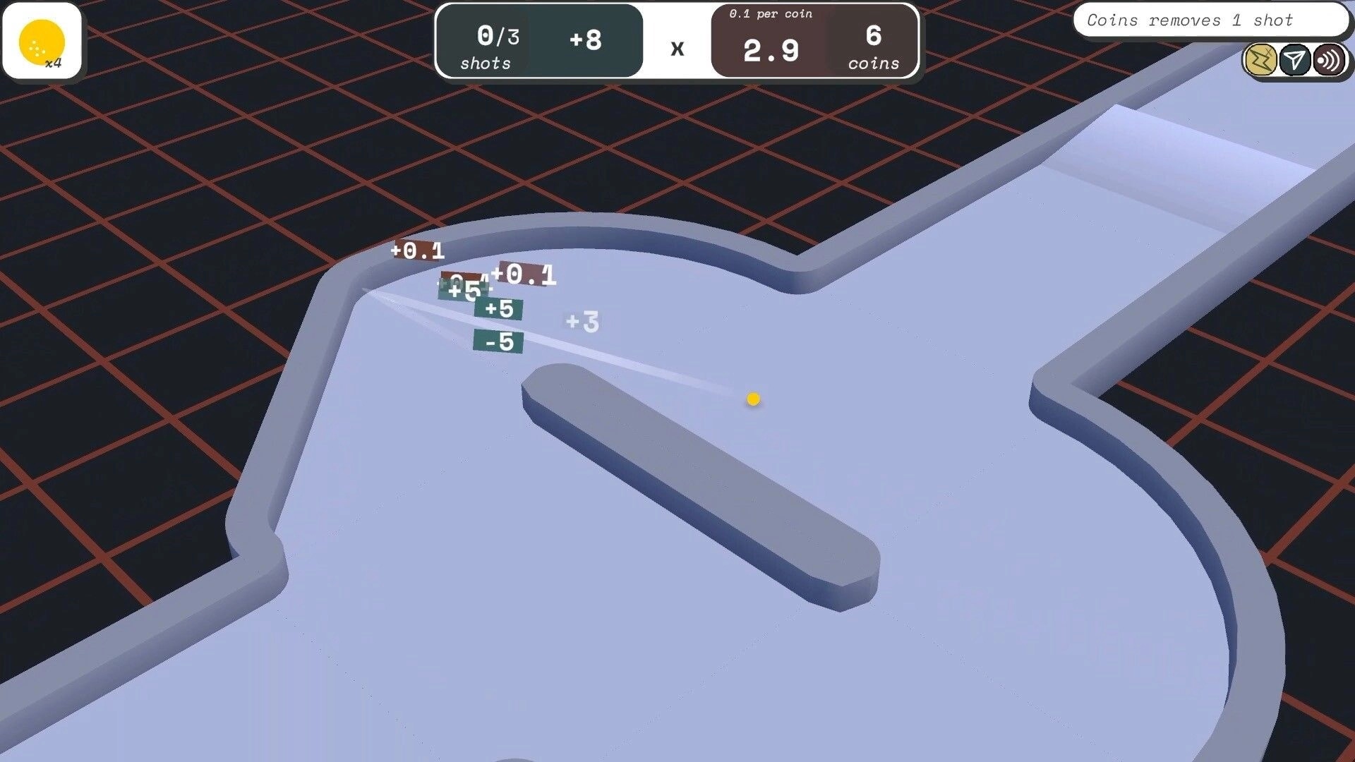 ROGOLF: Mini-golf level with point markers and shot counter in futuristic grid environment