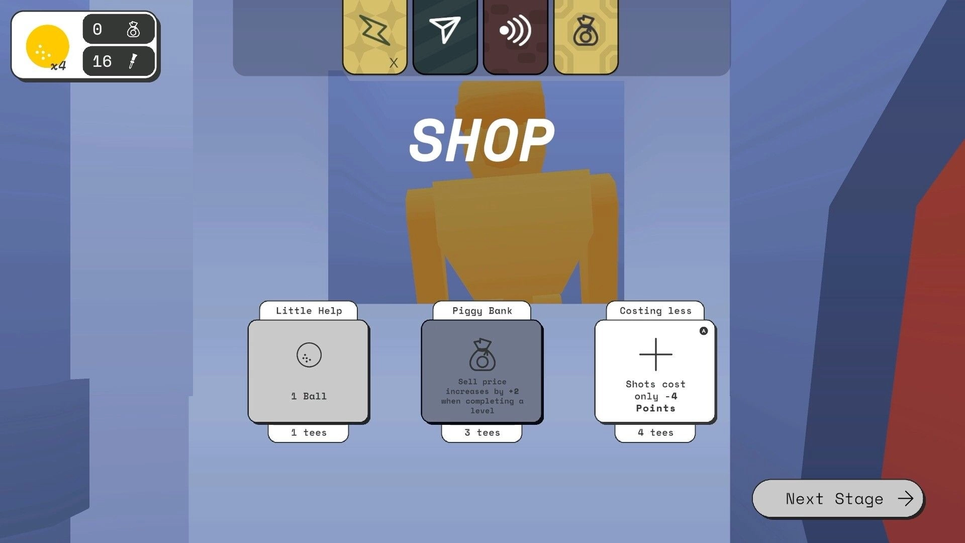 ROGOLF: Shop menu with item options including Little Help, Piggy Bank, and Costing Less upgrades