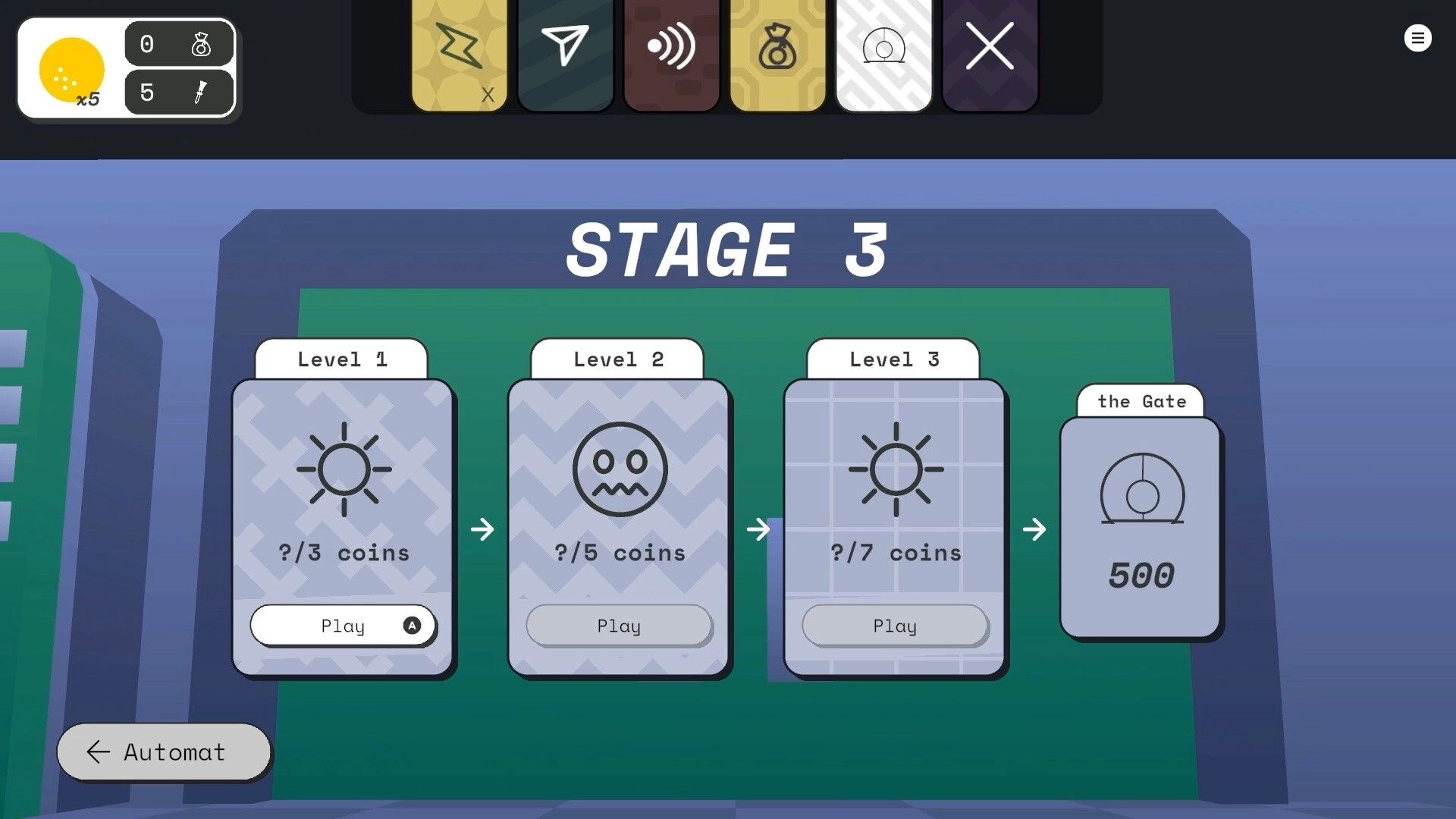 ROGOLF: Stage 3 level selection with coin requirements and play buttons in a green interface