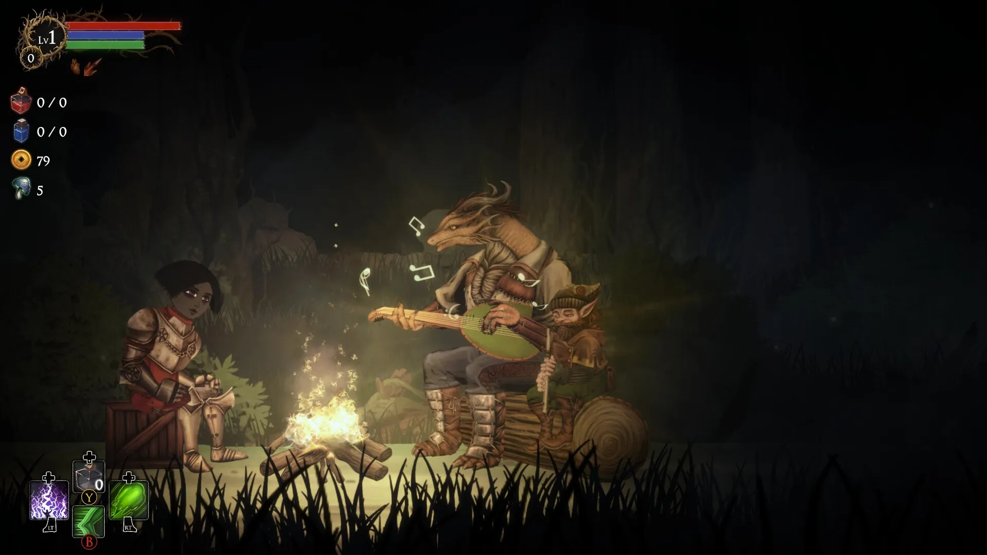 Rogue Blight: Campfire scene with armor-clad hero and creatures playing music in a dark forest setting.
