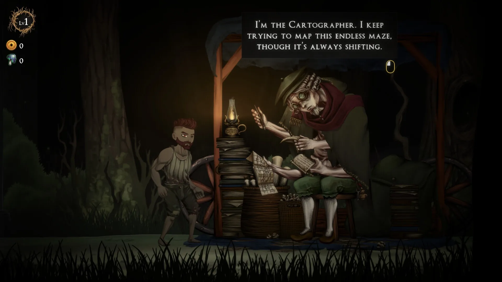 Rogue Blight: Player meets the Cartographer in a dimly lit forest, stacks of maps and books around.