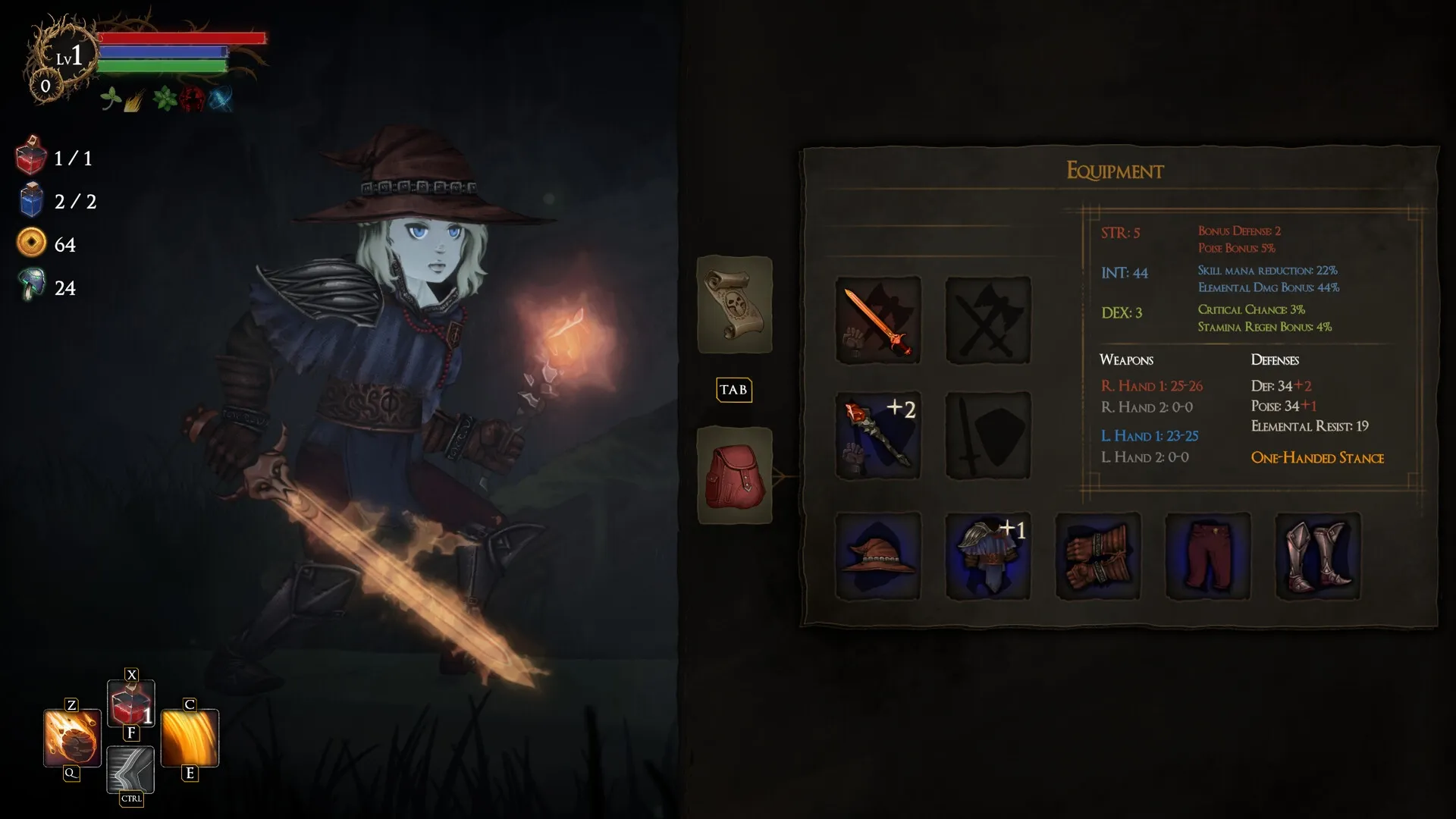Rogue Blight: Character with glowing sword and torch, equipment menu displaying stats and inventory