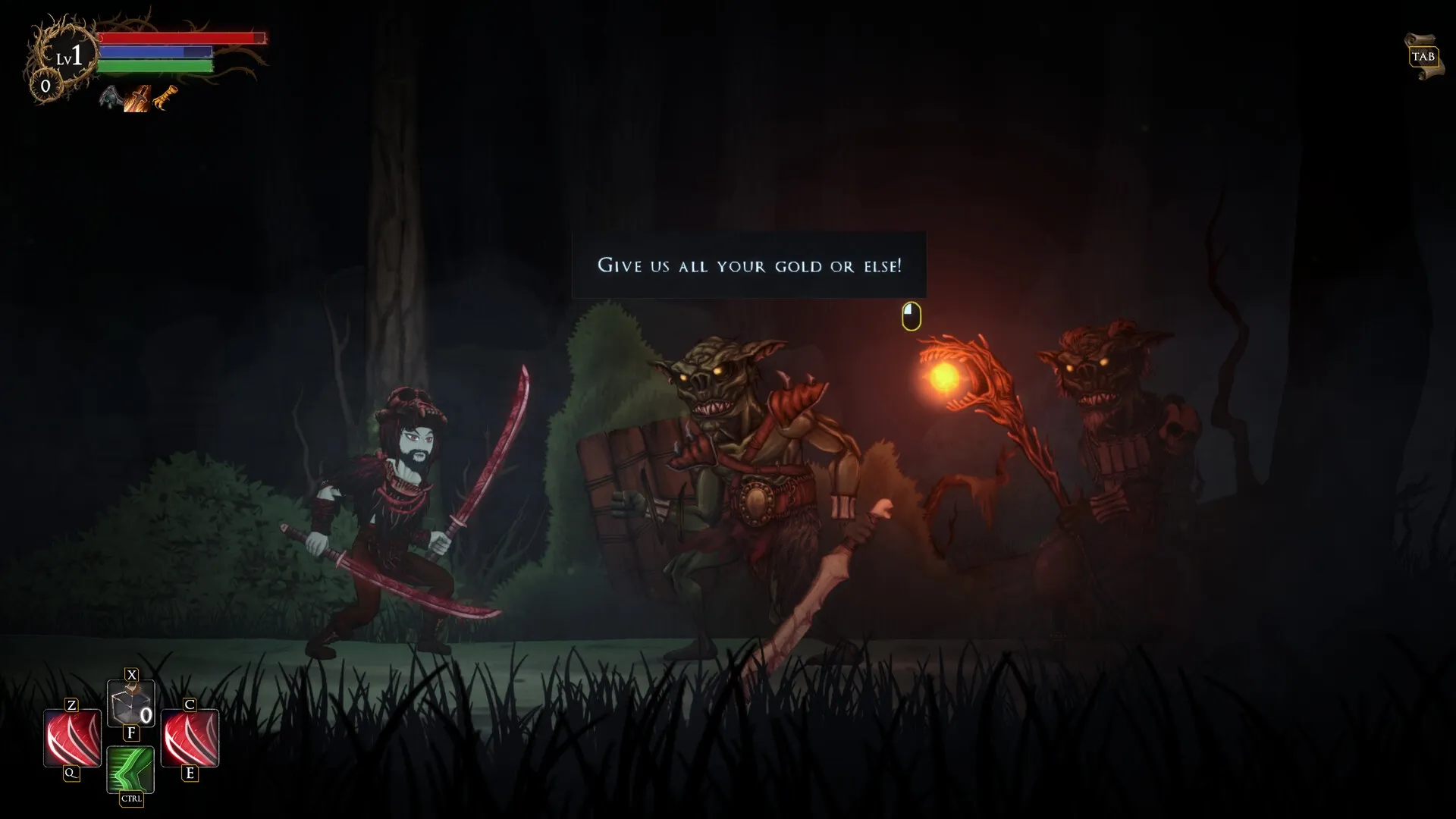 Rogue Blight: Player faces goblins demanding gold in dark forest, with health and skill UI visible.