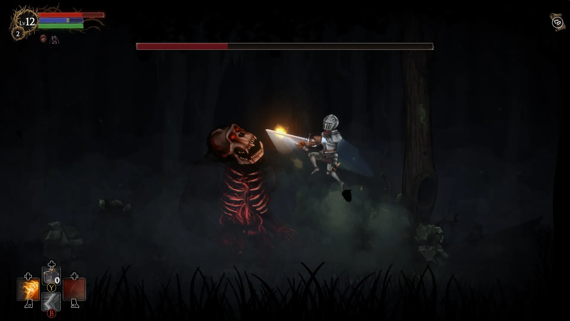 Rogue Blight: Knight battling a red skeletal beast in a dark forest with UI showing health and skills