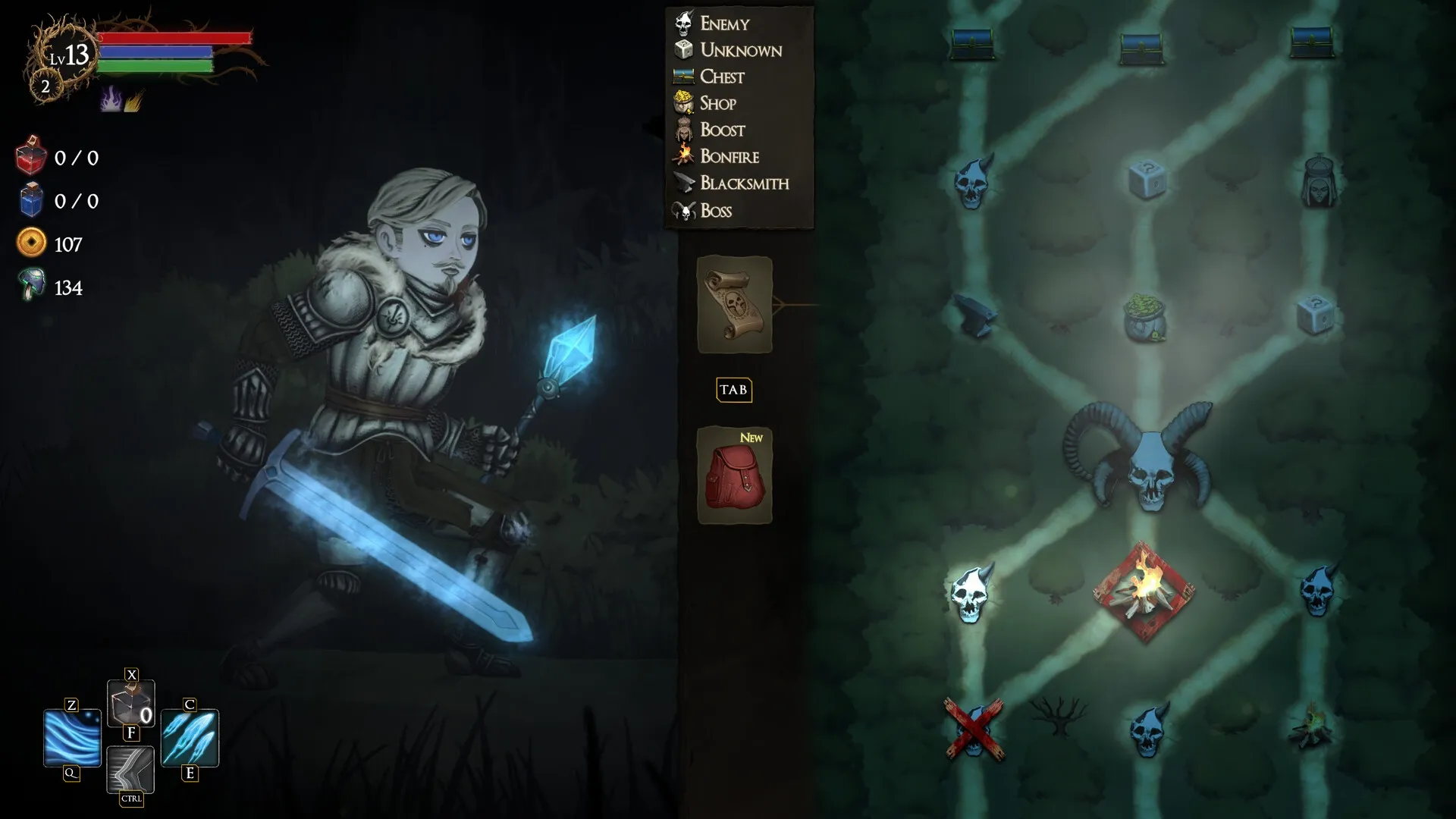 Rogue Blight: Character with glowing sword and map selection screen in a dark forest setting