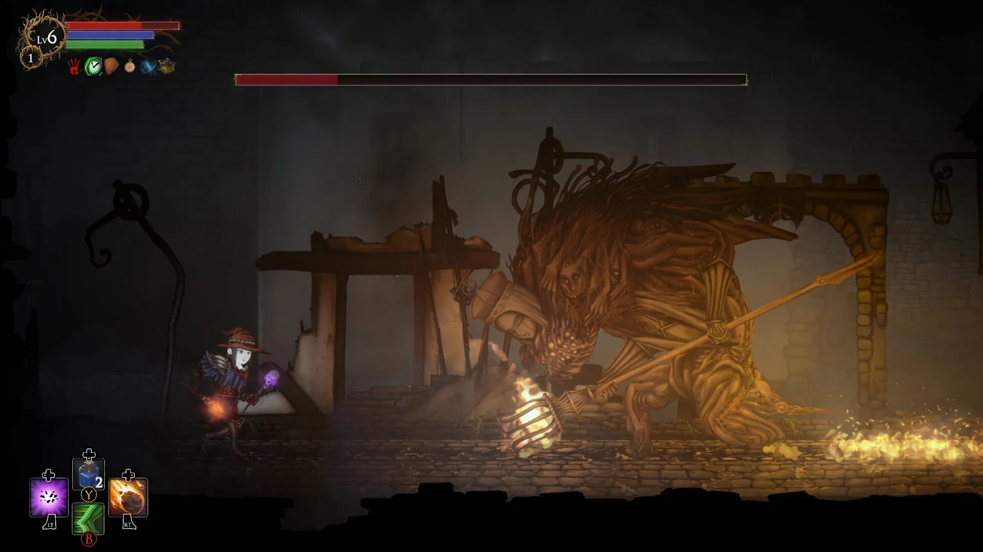Rogue Blight: Player battles large creature in dark dungeon with health bar and abilities displayed