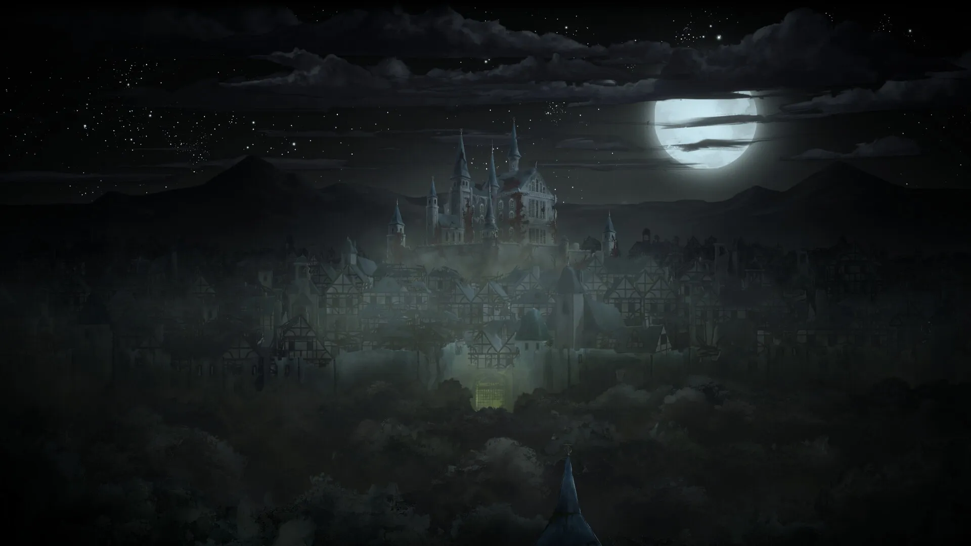 Rogue Blight: Moonlit castle towers over a foggy, medieval village under a starlit night sky