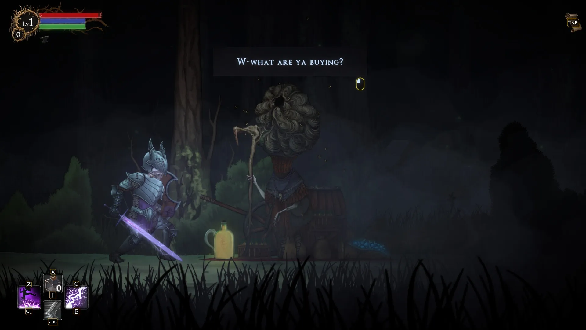 Rogue Blight: Player encounters mysterious merchant in dark forest, UI shows abilities and health bars.