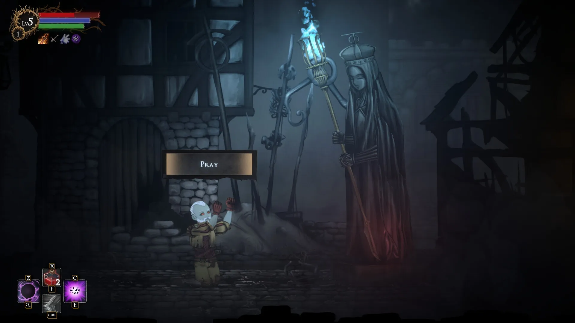 Rogue Blight: Player kneels to pray before a towering statue in a dim, stone-walled village setting.