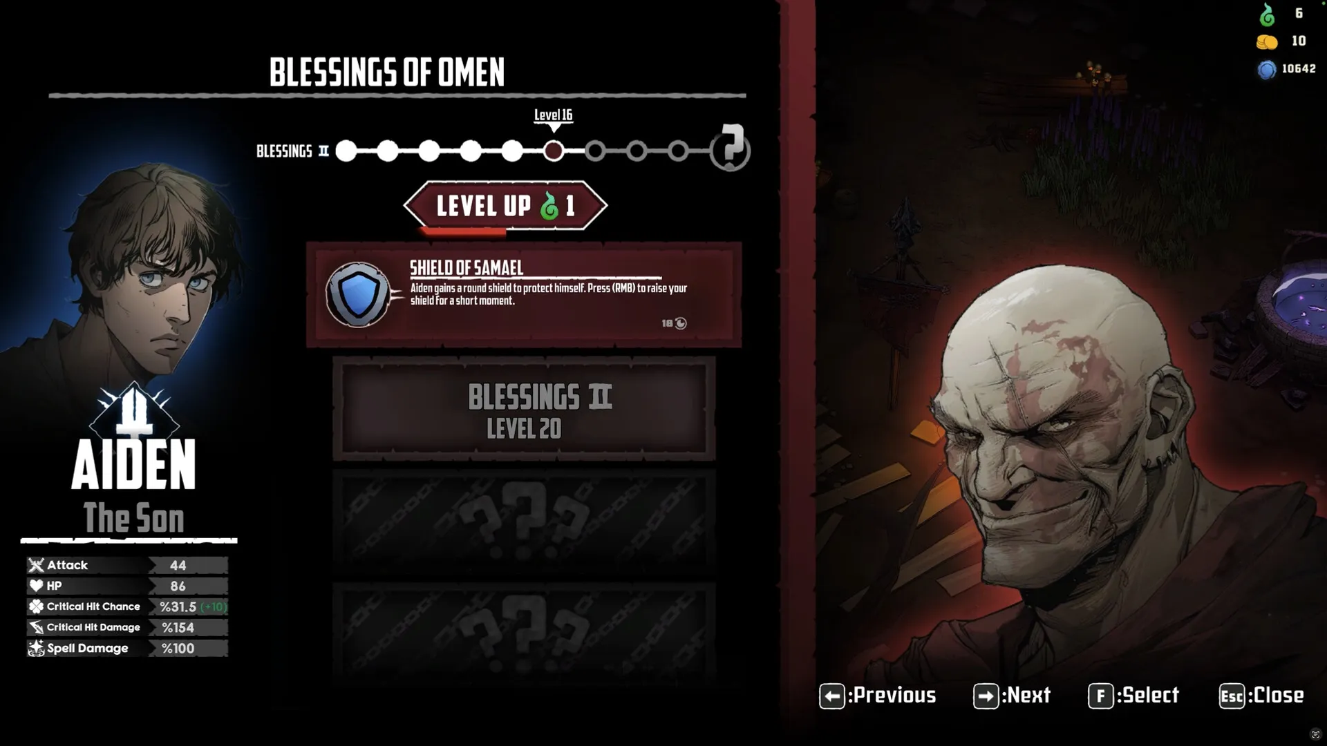 Rogue Loops: Aiden's skill menu with Shield of Samael upgrade and stats displayed in dark setting