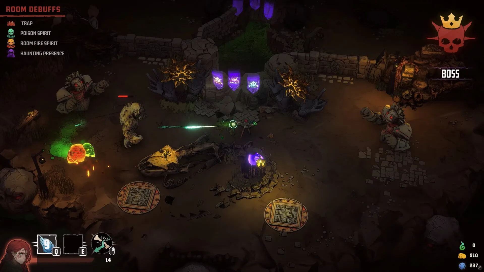 Rogue Loops: Player battles monsters in a dim dungeon with room debuffs and boss indicator visible