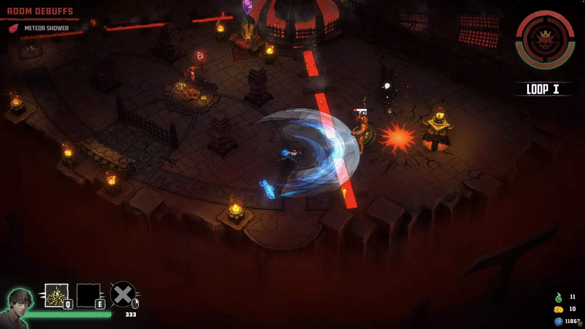 Rogue Loops: Player battling enemies in a dark dungeon with active meteor shower room debuff