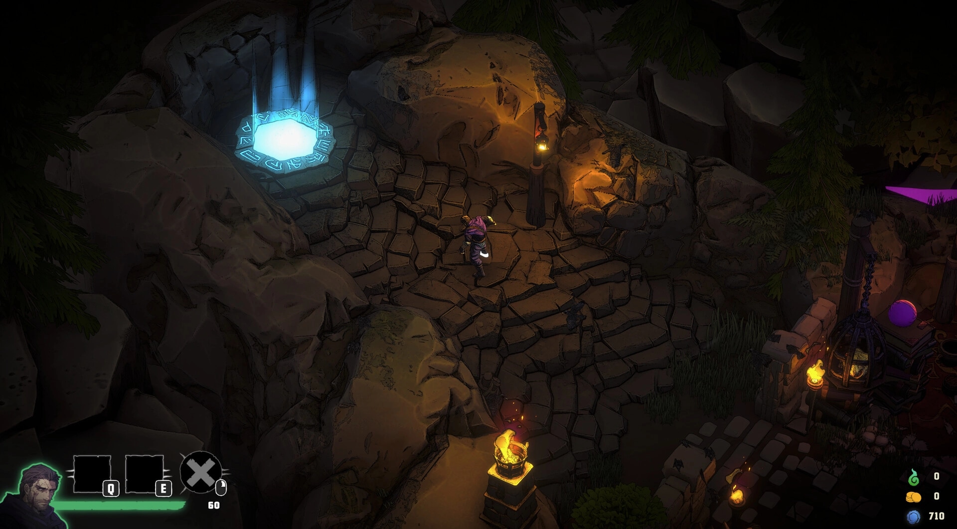 Rogue Loops: Character exploring rocky terrain with glowing portal and torches illuminating the path